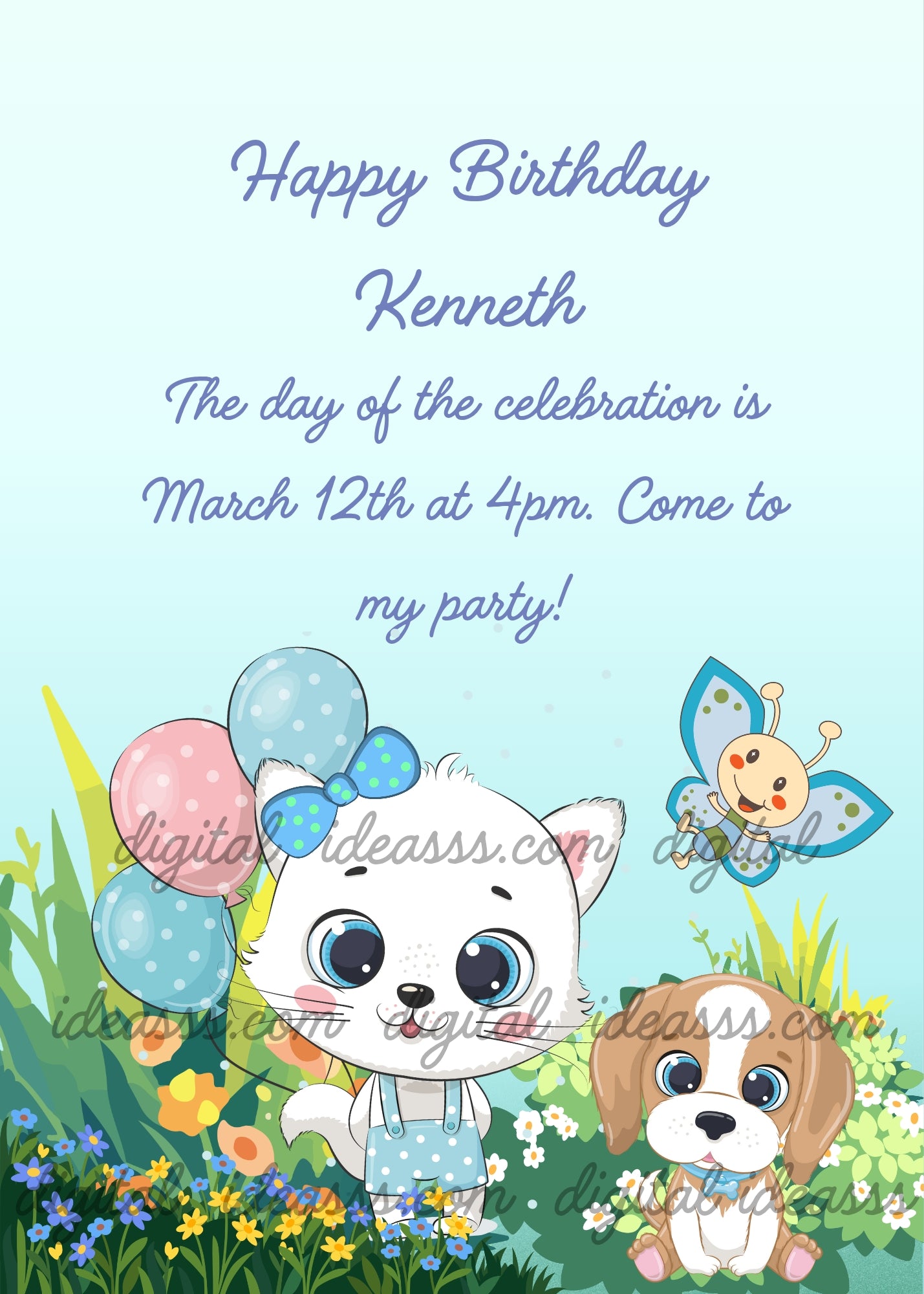 A cute white cartoon kitten with a light blue bow walking with a beige puppy among yellow and orange flowers and colorful polka dot balloons, with a purple butterfly, on a soft light blue background — printable birthday card for children aged 1 to 10