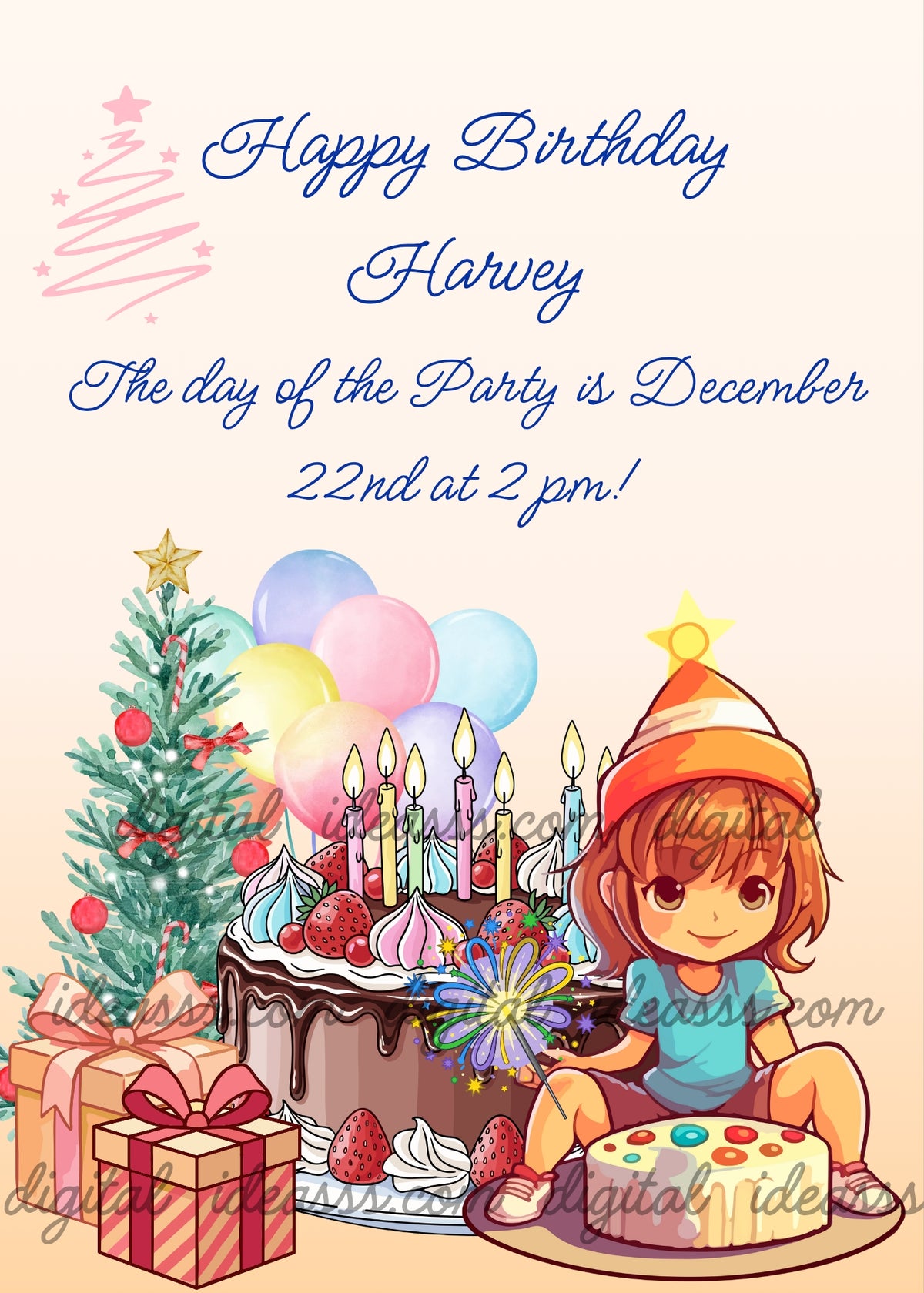 Smiling brown-haired girl in an orange party hat holding a sparkling star wand beside a chocolate cake with strawberries and candles, a smaller colorful cake, pastel balloons, wrapped gifts and a decorated Christmas tree — personalized Christmas birthday card for children aged 5 to 12