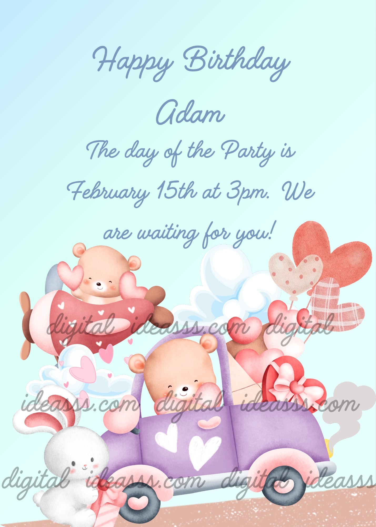 A teddy bear flying a pink airplane, a teddy bear riding a purple car with heart decorations, a white bunny with a gift, and pink heart balloons on a soft blue gradient background — printable birthday card for kids aged 1 to 7