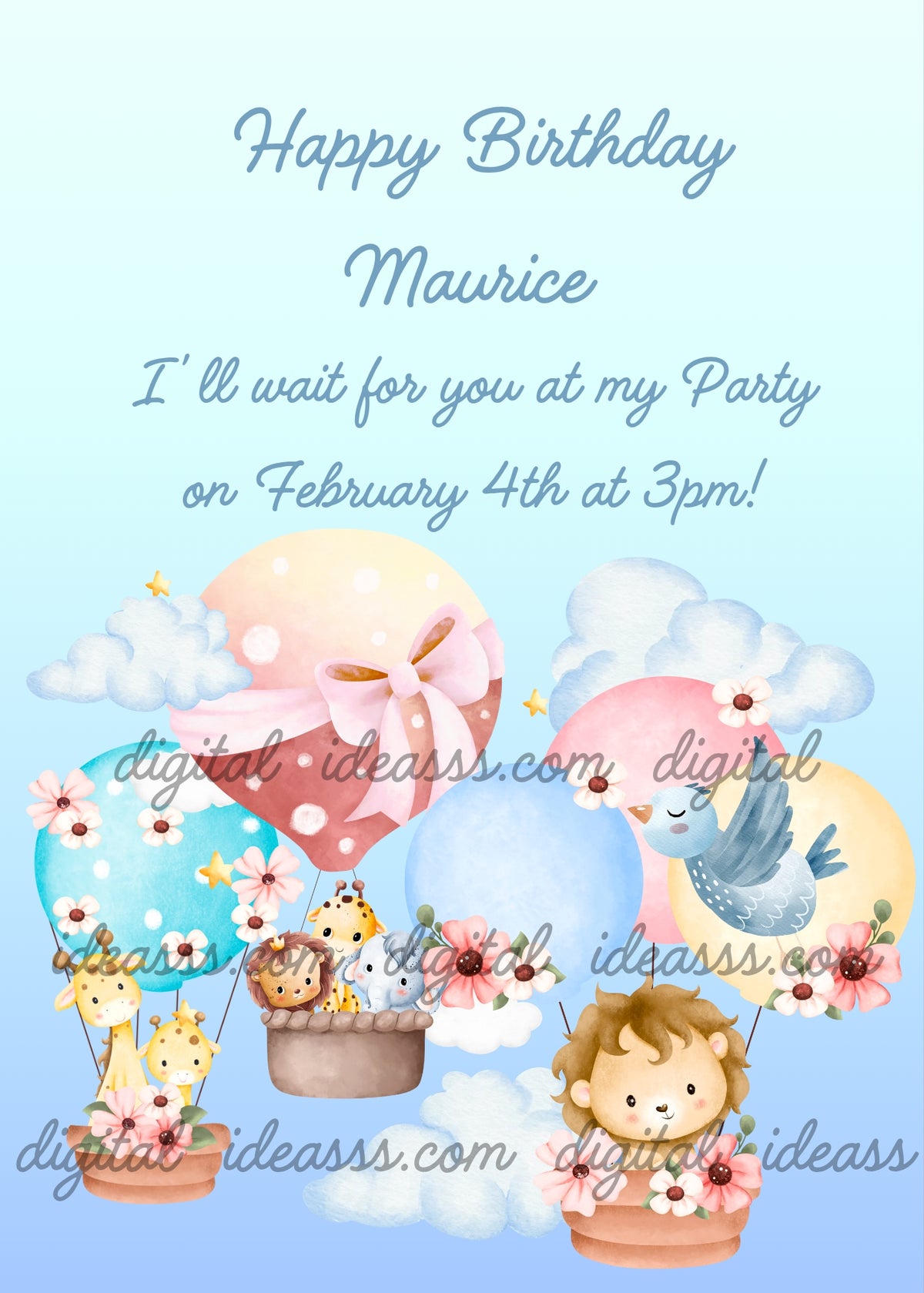 Three flower-decorated hot air balloons in the sky with jungle animals: two giraffes in a teal balloon decorated with white flowers, a giraffe, a lion cub and an elephant in a pink polka dot balloon decorated with a big pink bow and flowers, and a lion cub in a yellow and pink flower-decorated balloon, with a blue bird flying freely among soft white clouds on a light blue background — watercolor birthday card for kids aged 1 to 9.