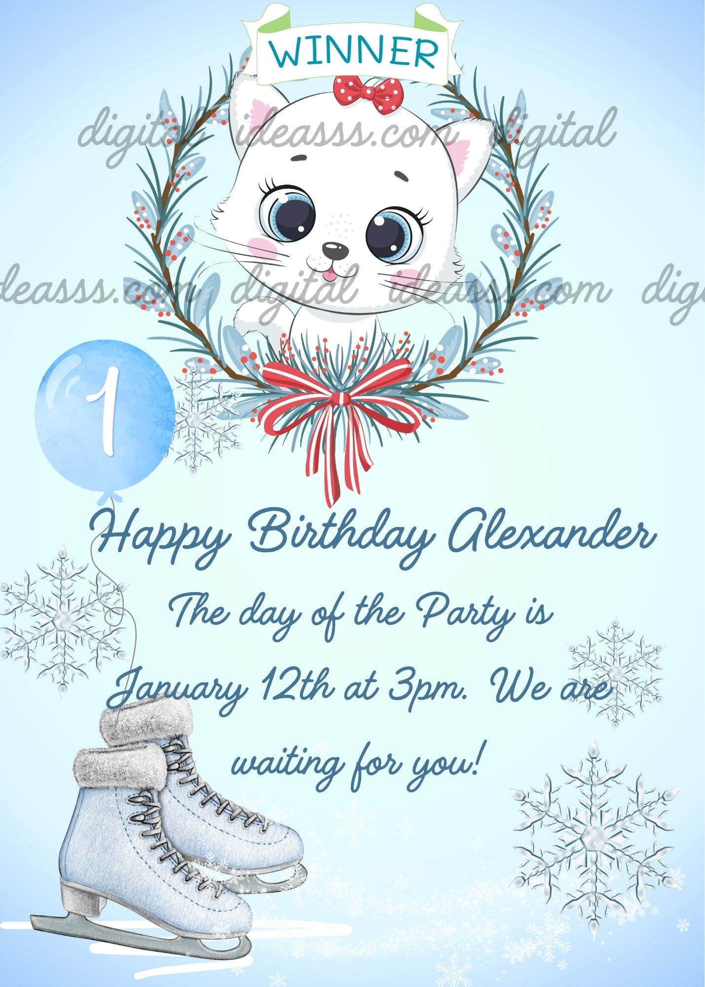 Cute white kitten with red bow in a winter wreath with WINNER banner, blue number 1 balloon, ice skates and snowflakes on light blue background — printable birthday card for children aged 1 to 9