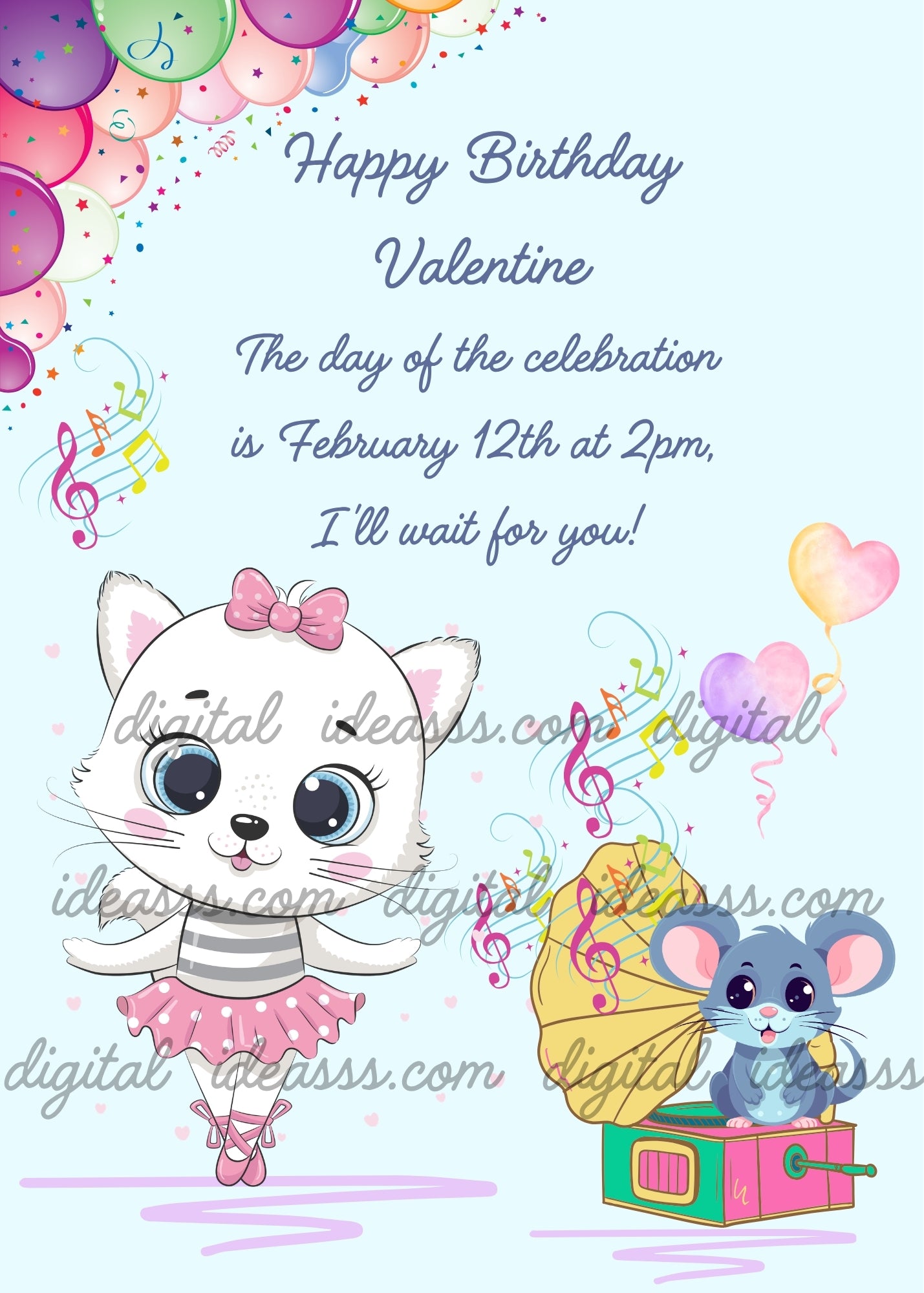 A little mouse plays an old gramophone and Tinkerbell the cat dances — printable birthday card for girls ages 1 to 9