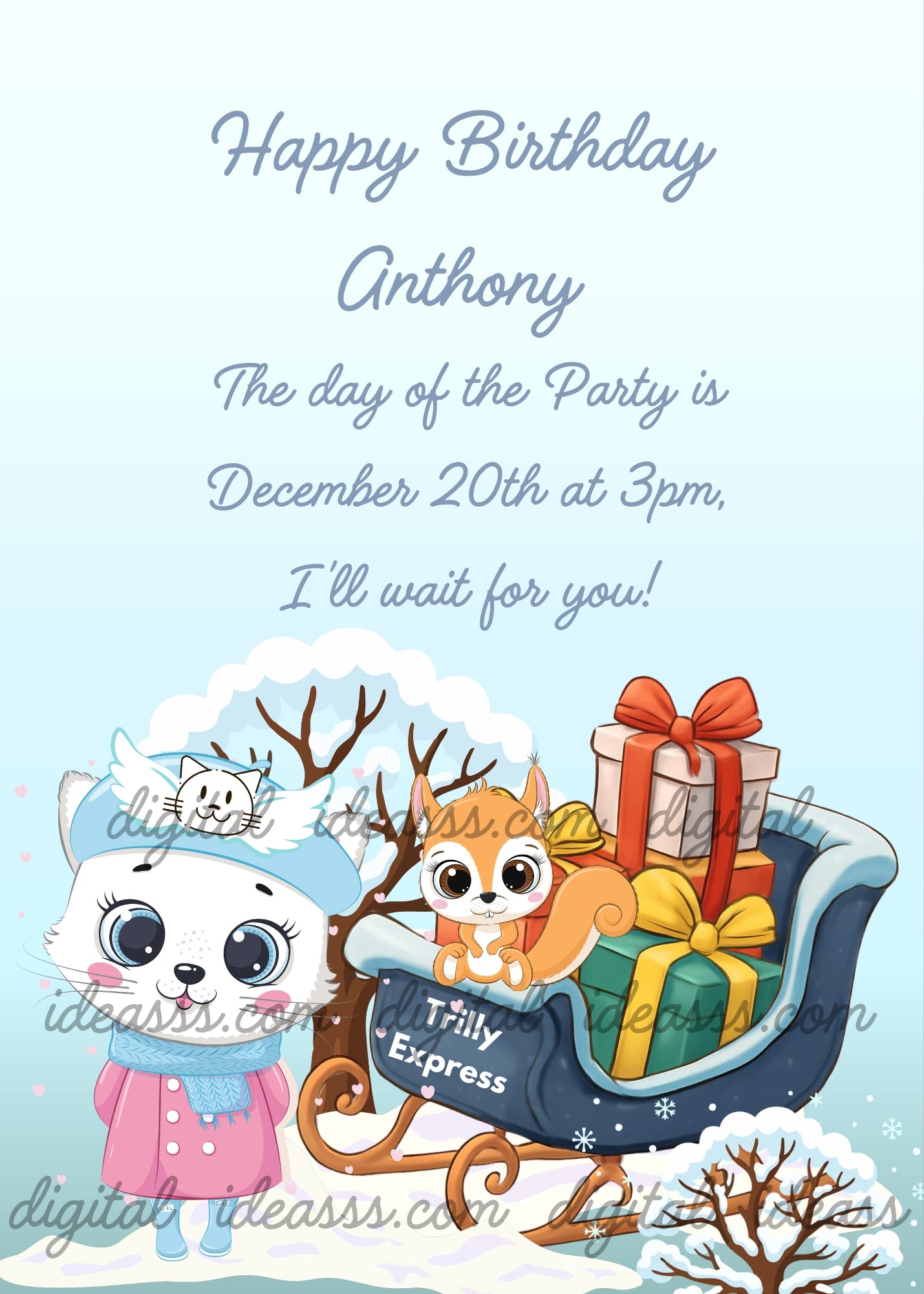 Trilly the white kitten with blue hat and pink coat next to a squirrel on a blue Christmas sleigh with gifts in a snowy winter scene — printable birthday card for children aged 1 to 9