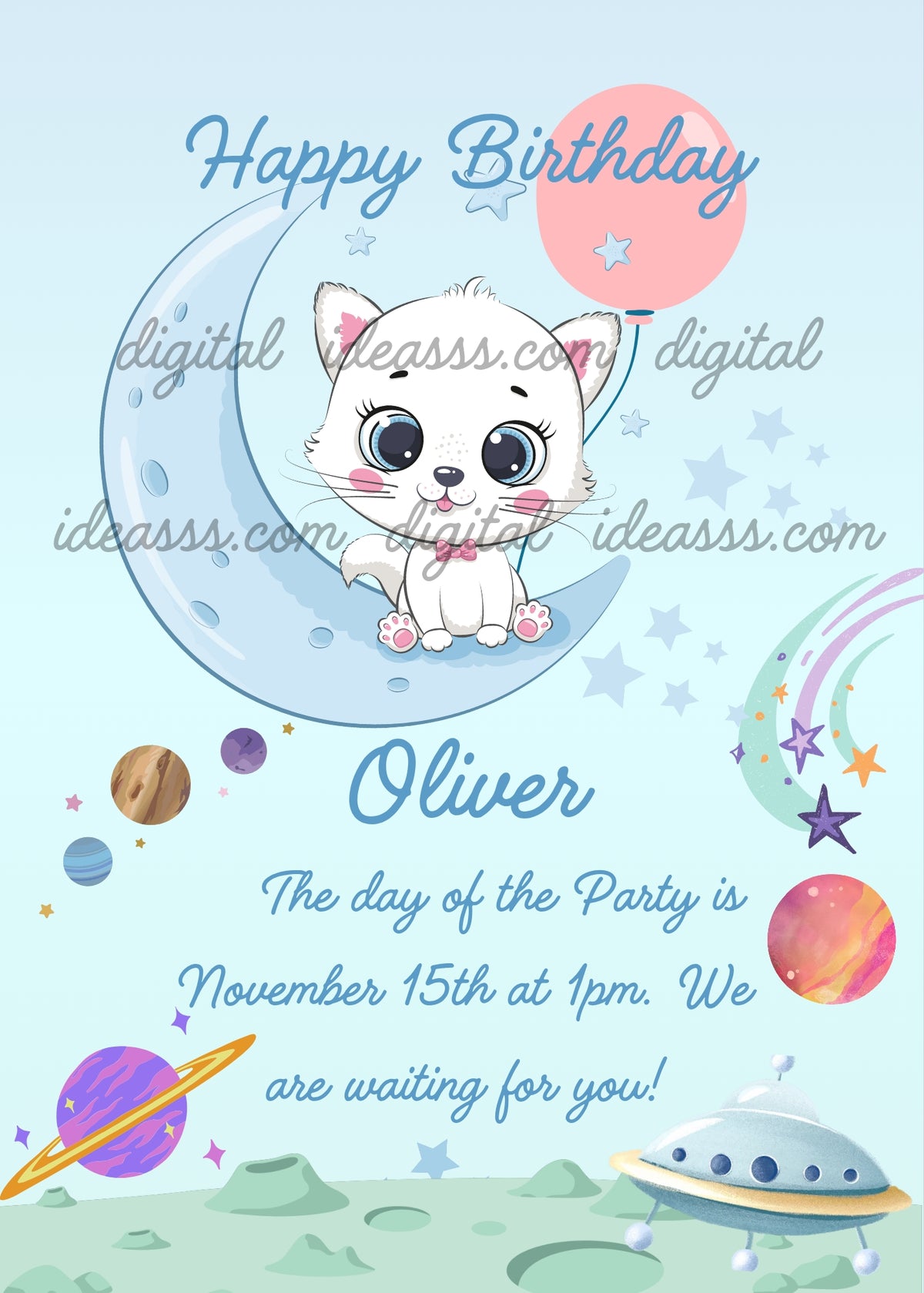 A sweet white kitten with pink bow sitting on a light blue crescent moon holding a pink balloon, surrounded by colorful planets, shooting stars and a cute flying saucer on a green lunar surface, on a soft light blue sky background — birthday card for children aged 1 to 9