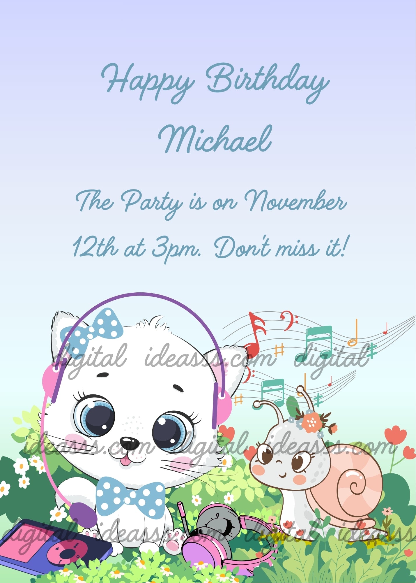 A cute white cartoon kitten wearing pink headphones and a blue bow tie, sitting in a green garden with colorful flowers, next to a cheerful snail with musical notes floating around, on a soft lavender and mint gradient background — printable birthday card for kids aged 1 to 12