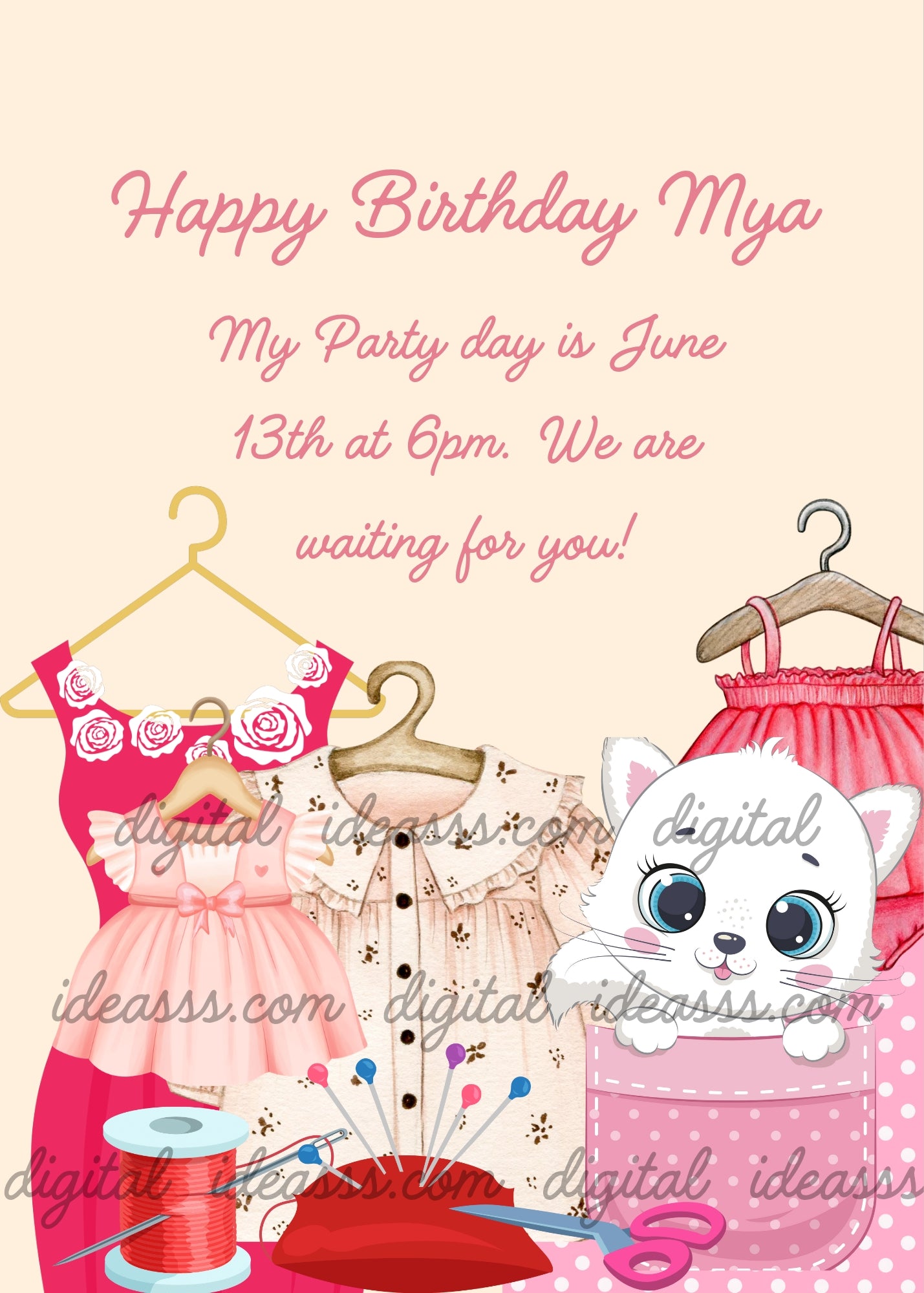A cute white cartoon kitten peeking out of a pink polka dot dress pocket, surrounded by clothes on hangers including a pink floral dress and a cream blouse, with sewing accessories like red thread, needles and pink scissors, on a soft peach background — printable birthday card for girls aged 1 to 9