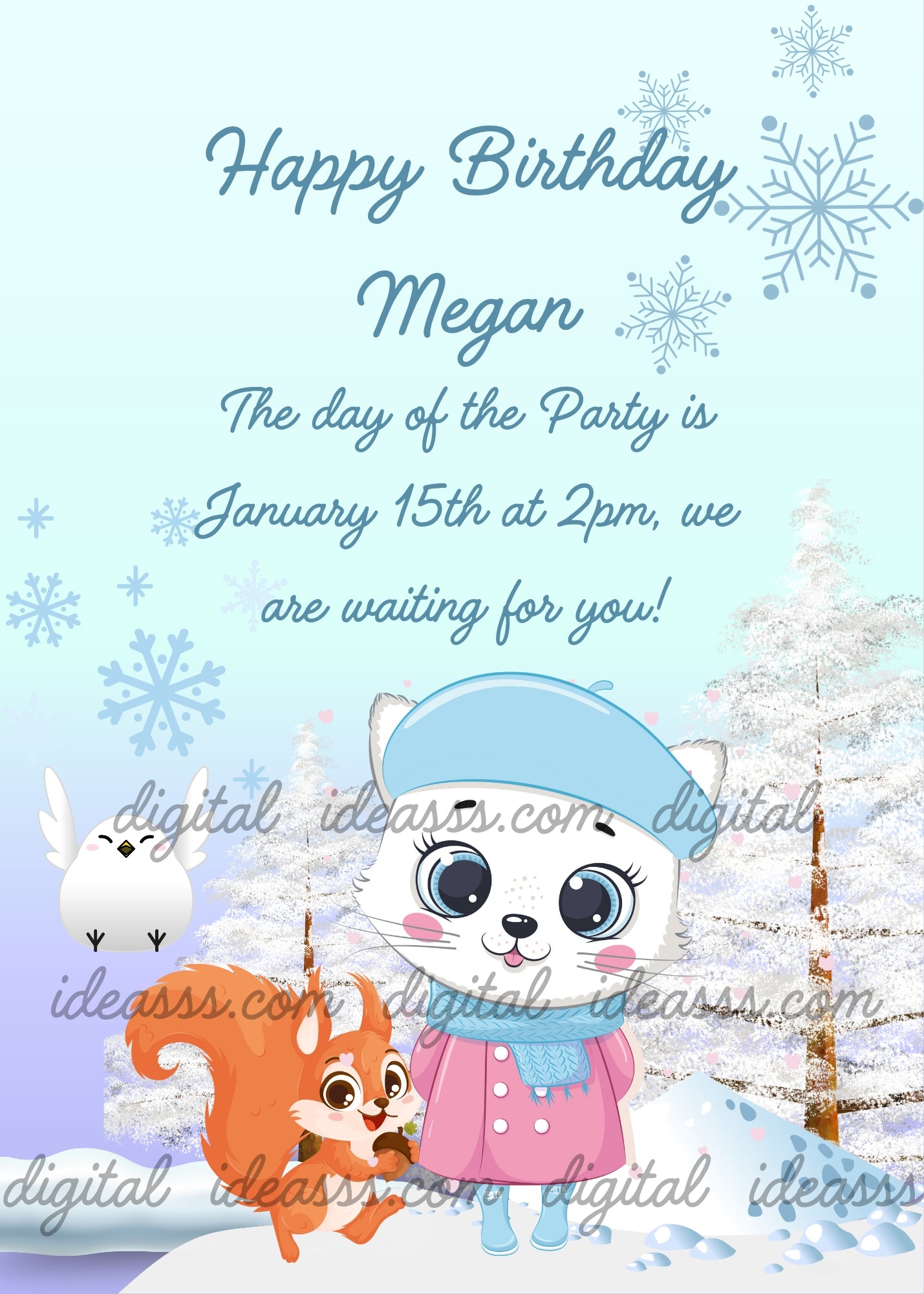 A cute white cartoon kitten wearing a blue beret and pink coat, standing in a snowy winter forest with a little white bird and an orange squirrel, surrounded by snow-covered trees and blue snowflakes, on a soft light blue background — printable birthday card for kids aged 1 to 9