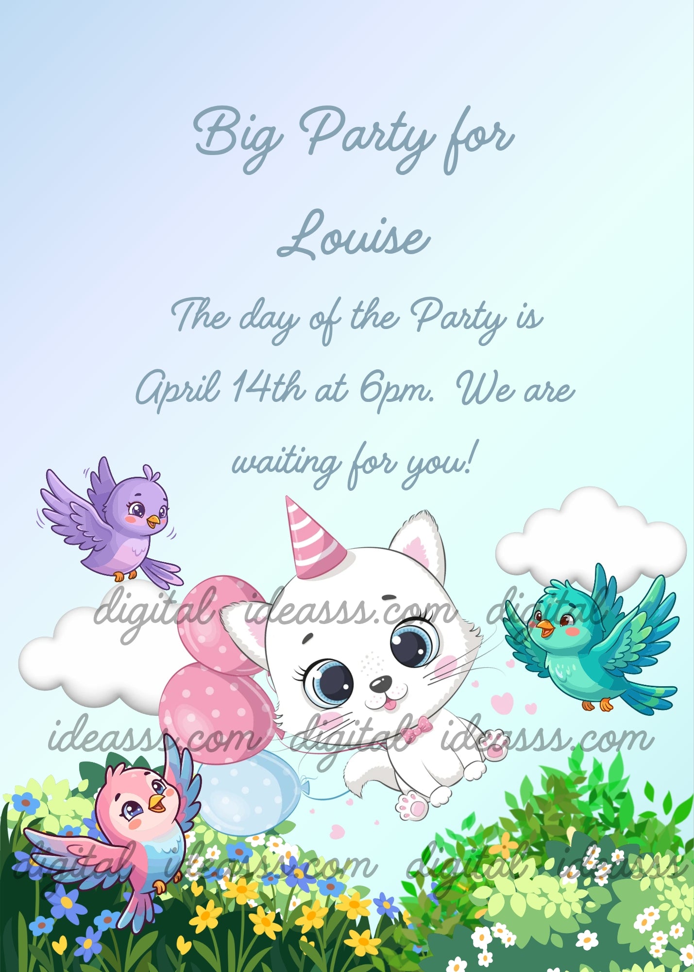A cute white cartoon kitten wearing a pink party hat floating among pink balloons and clouds, surrounded by three colorful cartoon birds in purple, teal and pink, above a green meadow with yellow and blue flowers, on a soft light blue background — printable birthday card for children aged 1 to 9
