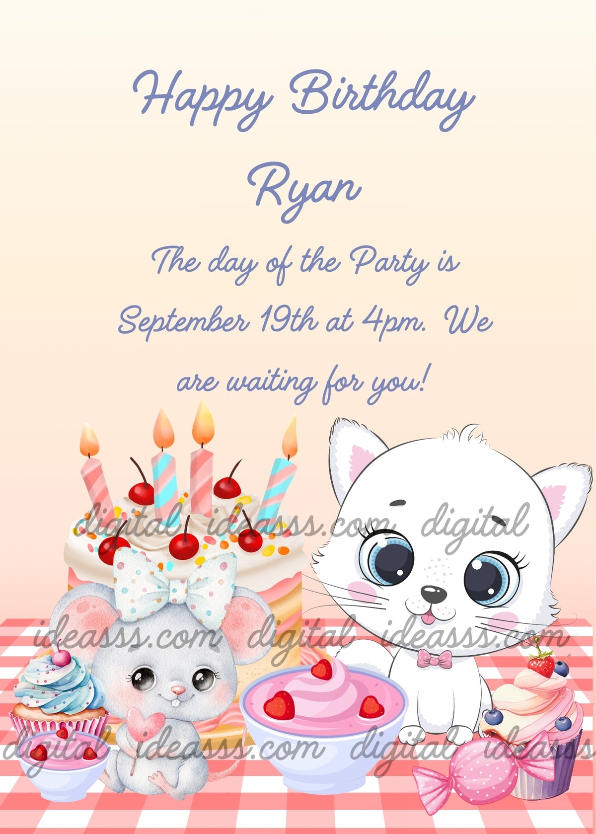 Cute white kitten Trilly with big blue eyes and a pink bow sitting on a pink and white checkered tablecloth, next to a grey mouse with a white polka dot bow, a birthday cake with cherries and colorful candles, a pink bowl with cream and red hearts, and two cupcakes on a soft peach gradient background — birthday card for children aged 1 to 9