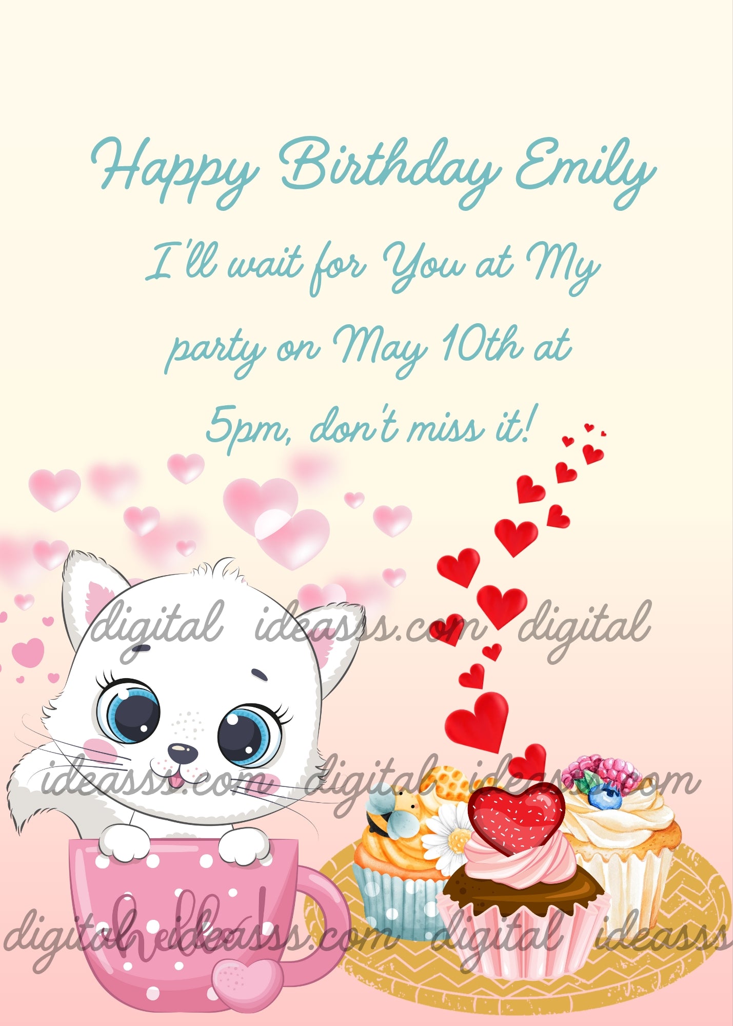 A cute white cartoon kitten sitting inside a pink polka dot mug, next to two colorful cupcakes with red hearts floating above, surrounded by soft pink hearts on a warm cream and pink gradient background — printable birthday card for girls aged 1 to 8