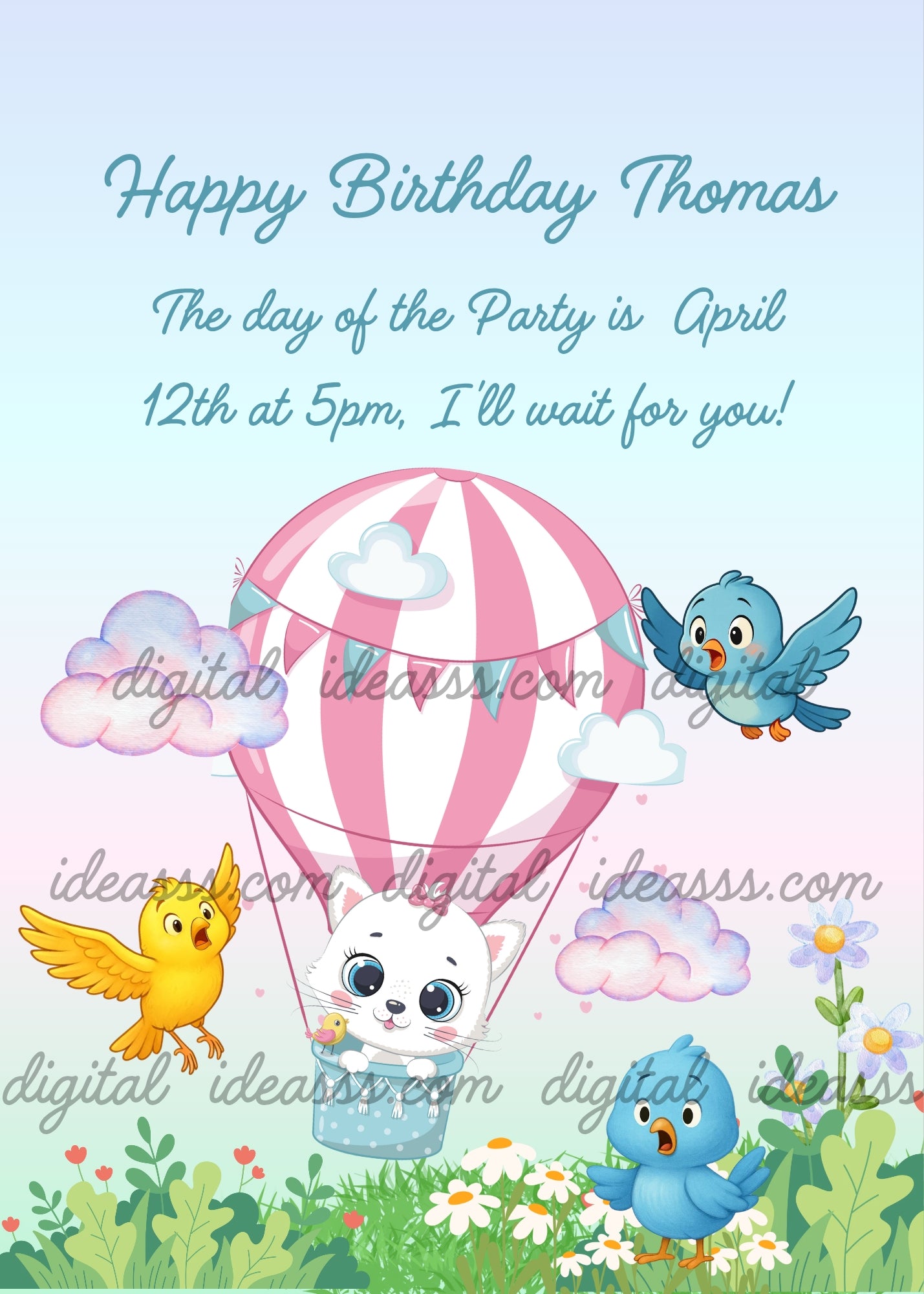 Trilly the kitten travels in her pink hot air balloon with white birds flying alongside - printable birthday card for kids 1-10