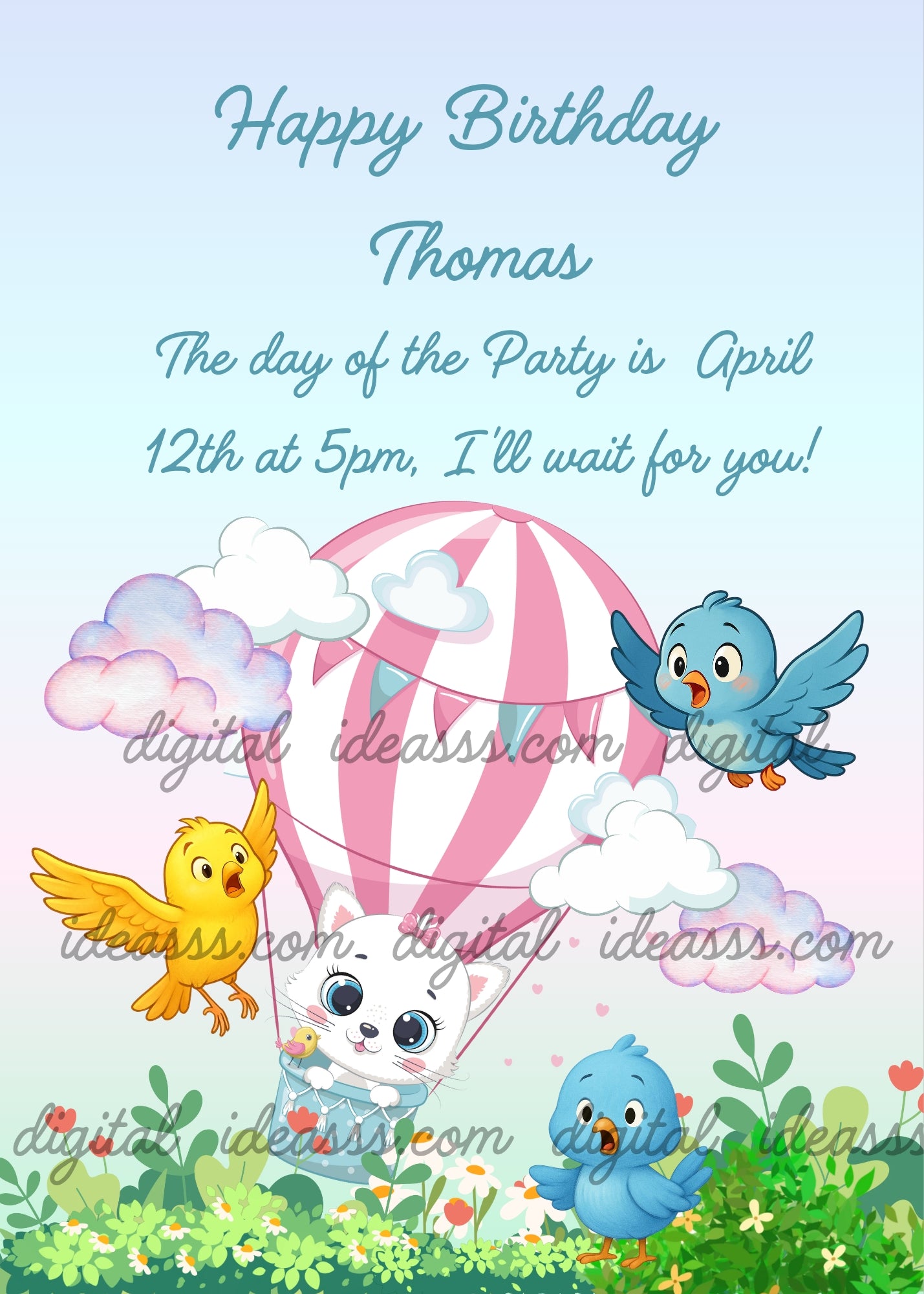 A cute white cartoon kitten riding a pink and white striped hot air balloon among fluffy clouds, surrounded by three cheerful colorful birds in blue and yellow, above a green meadow with flowers, on a soft light blue gradient background — printable birthday card for kids aged 1 to 10