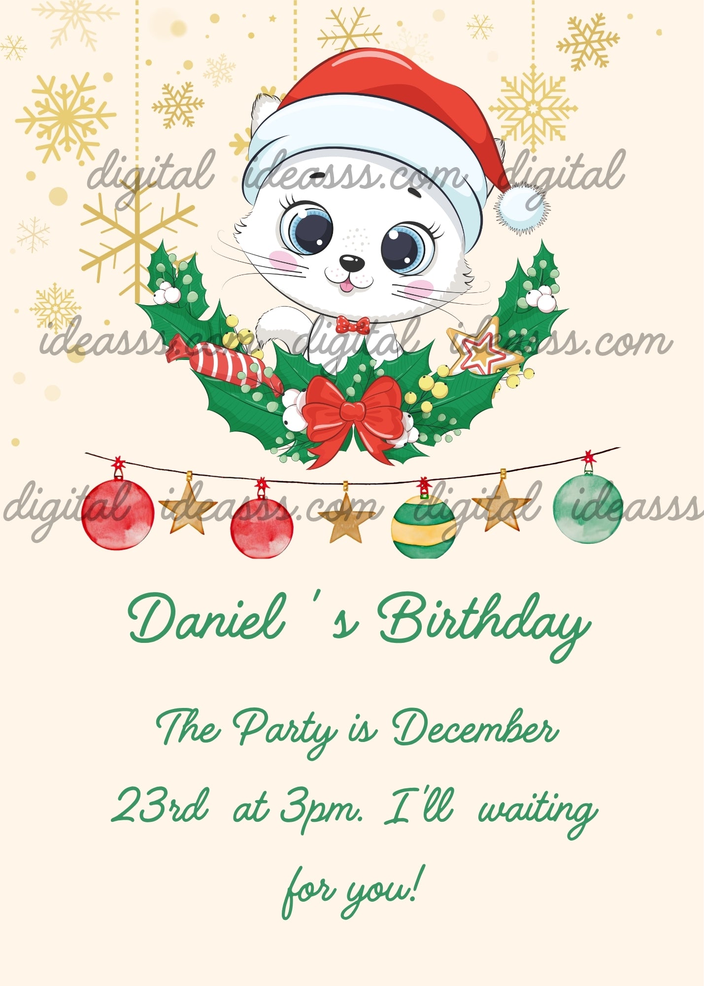Cute white kitten Trilly with Santa hat inside a holly wreath with red bow, Christmas ornaments and golden snowflakes — printable Christmas birthday card for children aged 1 to 12