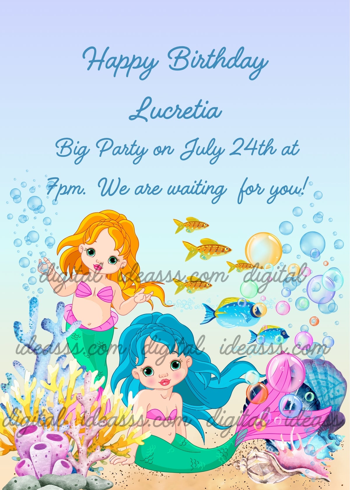Two kawaii mermaid twins with orange and teal hair, golden fish, blue fish, colorful bubbles, yellow and blue corals and murex shells on sandy light blue background — birthday card for girls aged 8 to 14