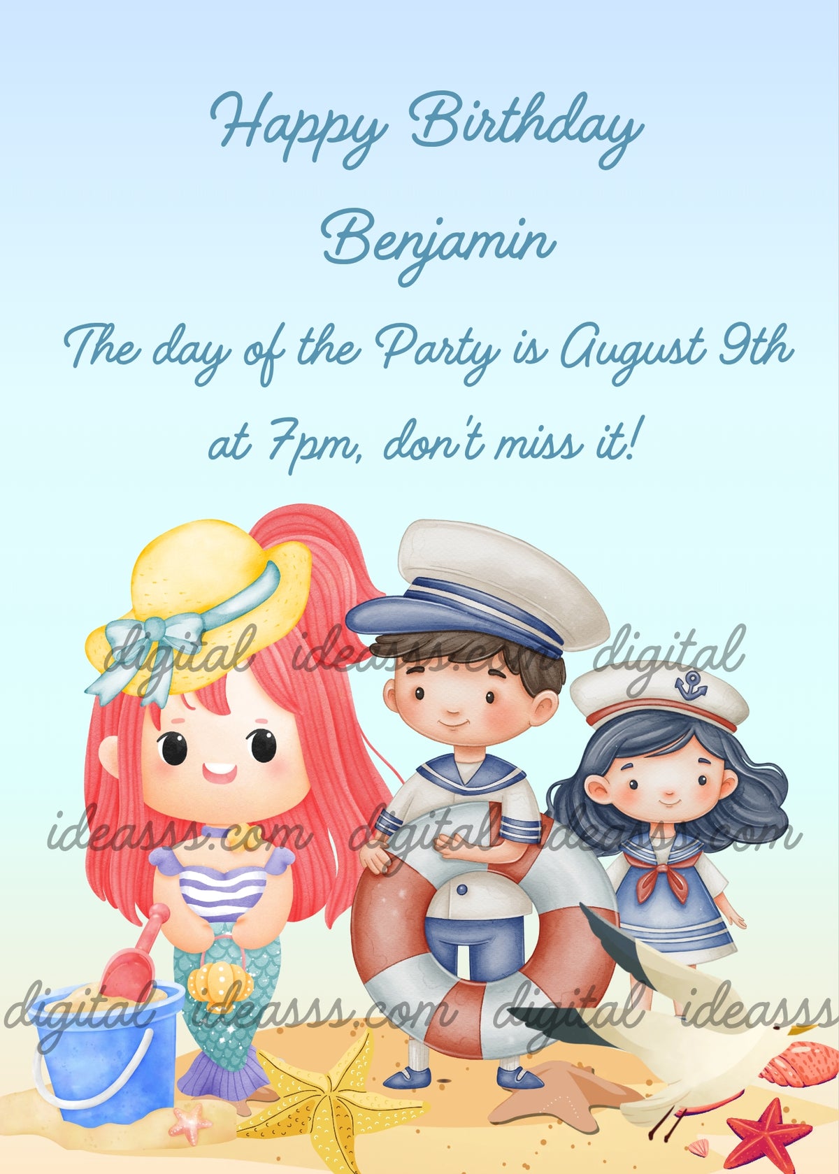 Little mermaid with red hair and yellow hat with sailor boy and sailor girl, blue bucket, pink shovel, yellow and red starfish, seashells and seagull on sandy beach light blue background — birthday card for children aged 5 to 12