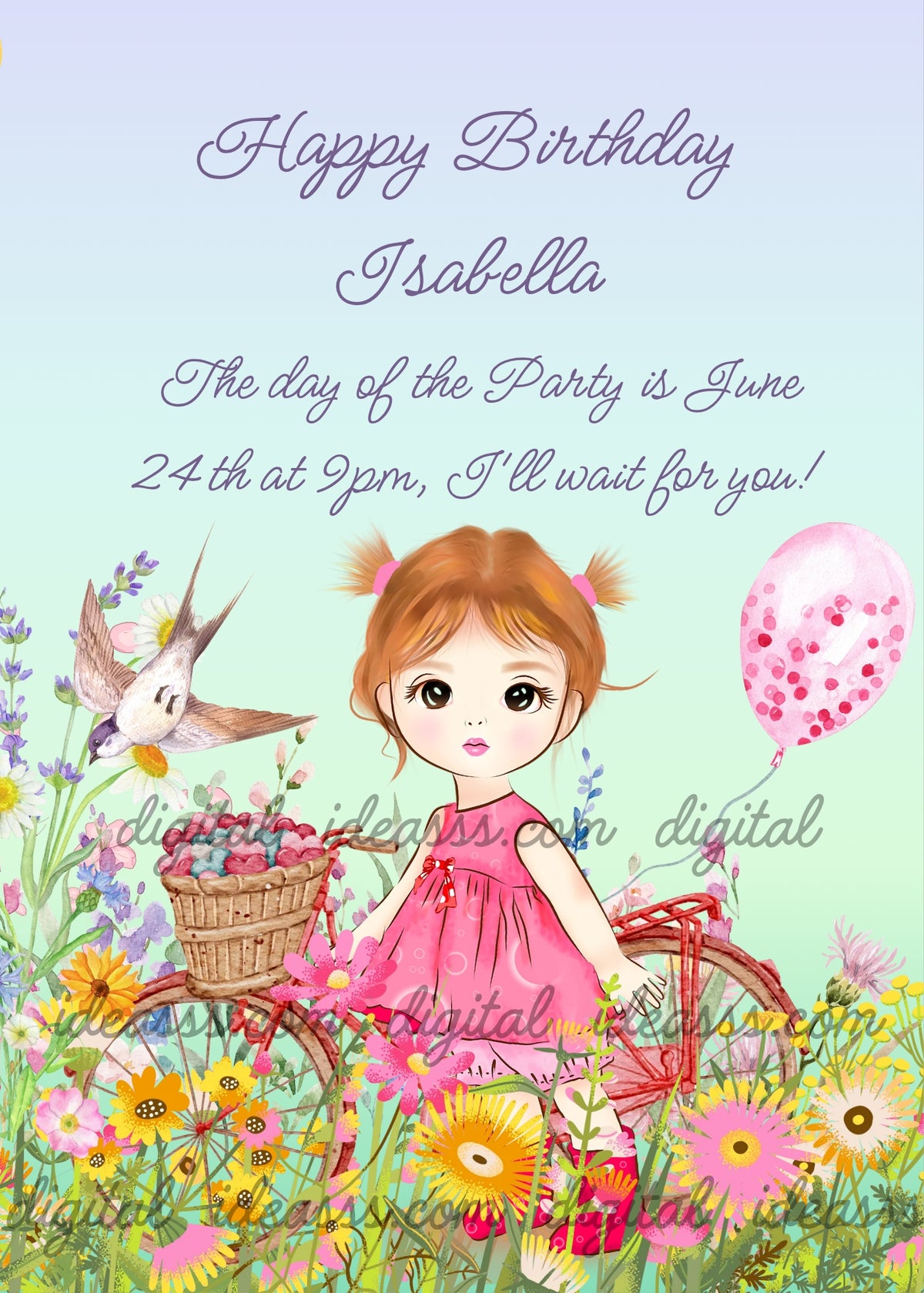 Sweet little girl with red-orange pigtails and pink dress beside red bicycle with heart-filled wicker basket, pink confetti balloon, swallow in flight, colorful wildflower meadow, soft aqua mint gradient background — birthday card for girls aged 3 to 10