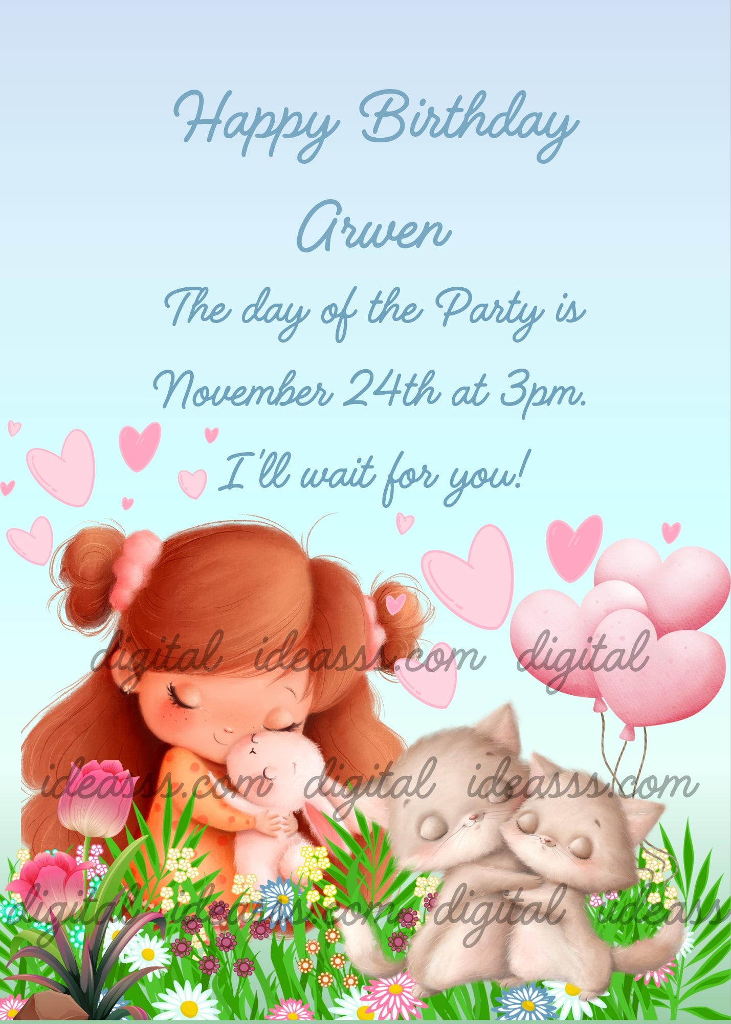 A red-haired girl hugging a pink bunny toy while two grey kittens cuddle and imitate her loving gesture, with pink heart balloons, daisies and flowers on a soft sky blue background — printable birthday card for kids aged 1 to 9
