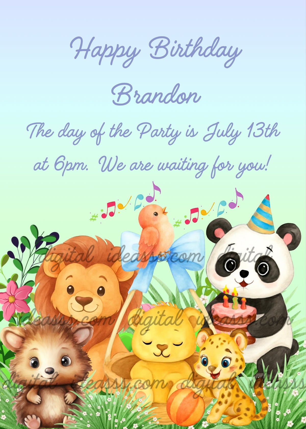 A father lion, a panda with a birthday cake and party hat celebrating a newborn, a lion cub sleeping in a cradle with a light blue bow, a little bird singing on the cradle, a leopard cub playing with a ball, and a hedgehog, surrounded by tropical plants and pink flowers — birthday card for kids aged 1 to 8