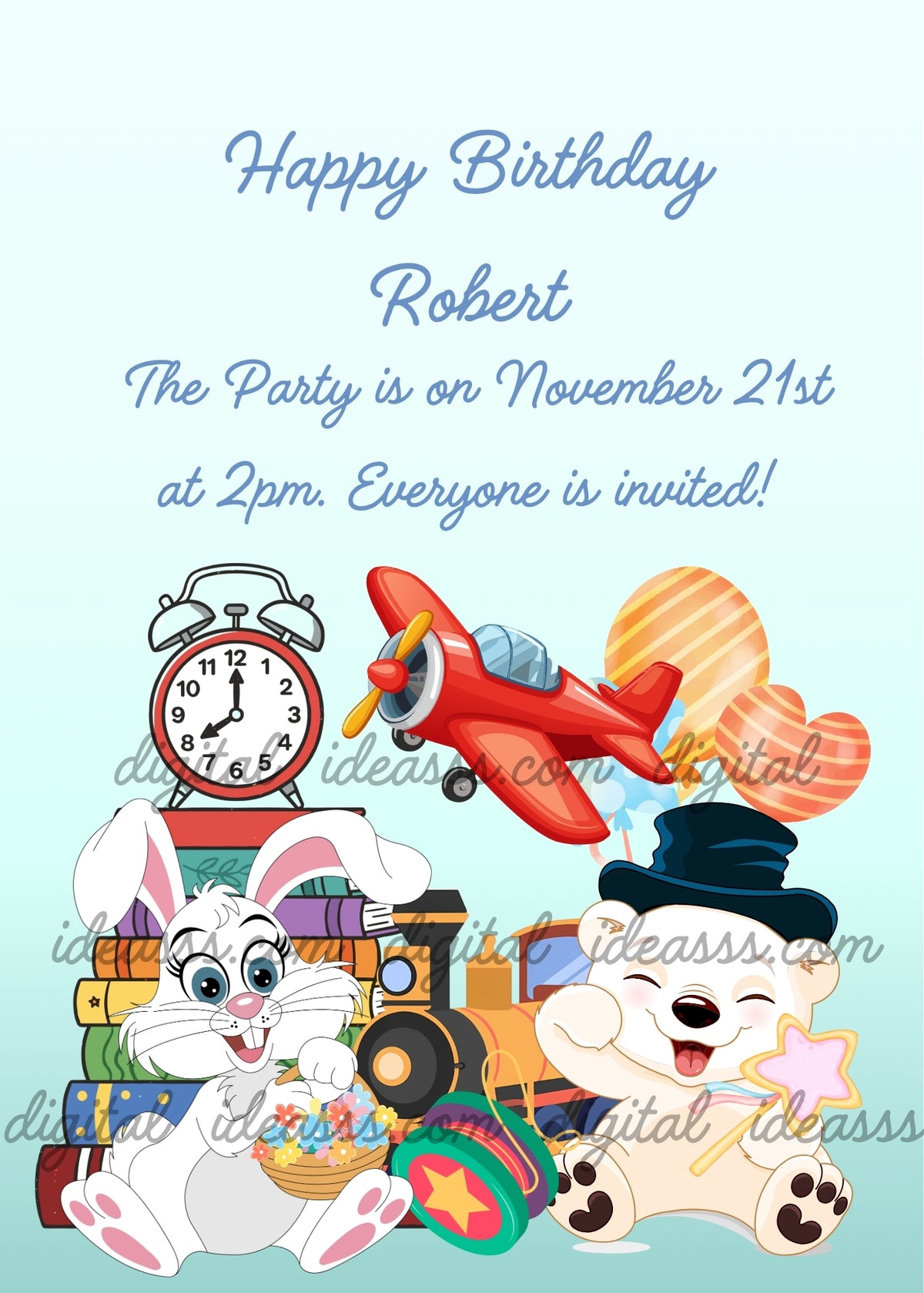 Smiling white bear in a black top hat holding a pink star wand beside a cheerful white bunny with a basket of small colorful flowers, a stack of colorful books topped by a red alarm clock, a red toy airplane, a toy train, a green and red yo-yo with a yellow star, and colorful balloons against a mint-green background - printable birthday card for children aged 1 to 8