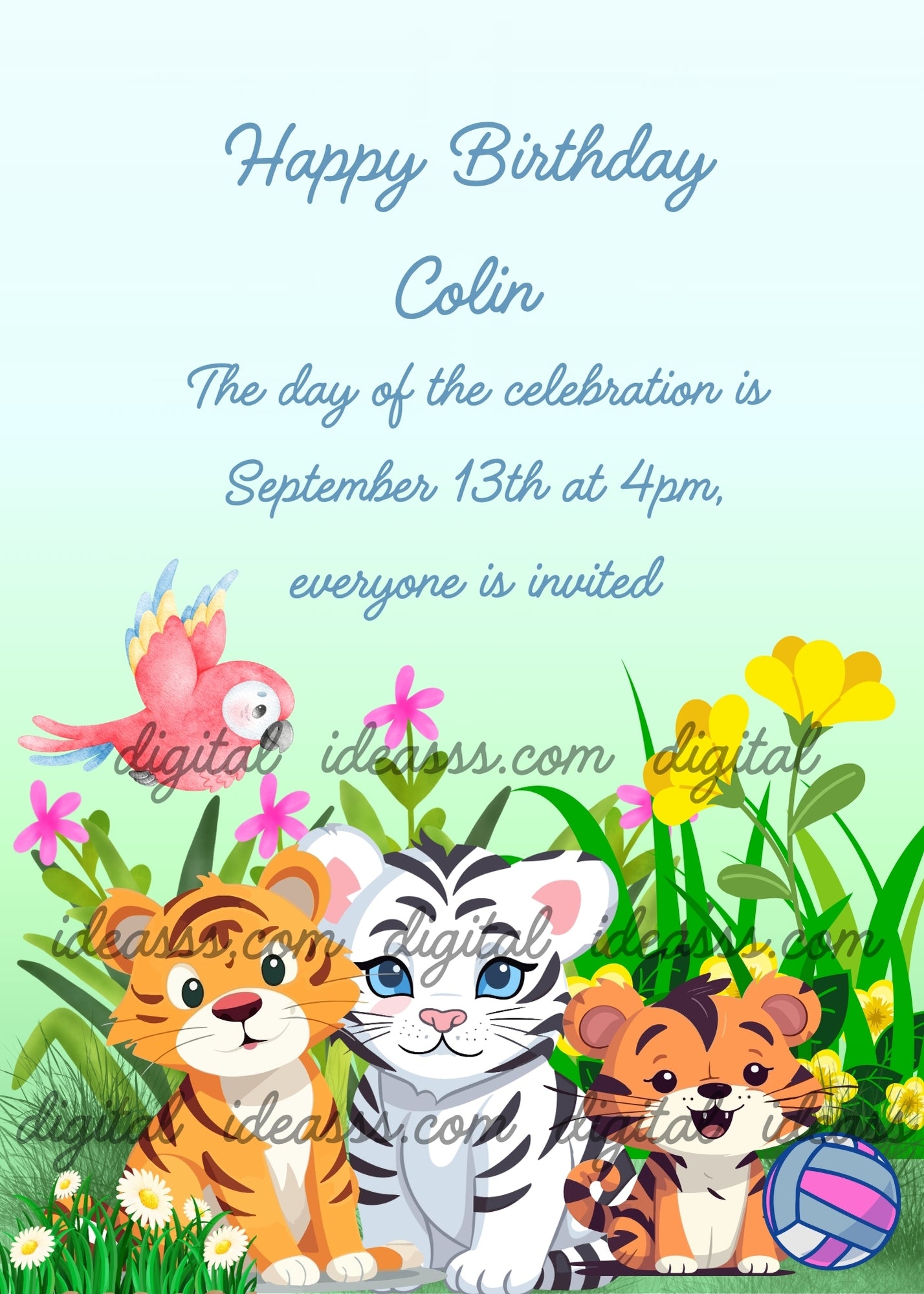 Three cute kawaii tiger cubs sitting in a garden: an orange tiger cub on the left, a white tiger with blue eyes in the center, and a smiling orange tiger cub on the right with a volleyball ball, with a colorful pink parrot flying on the upper left, surrounded by pink and yellow flowers and green grass, on a soft pastel blue and green background — birthday card for children aged 1 to 9