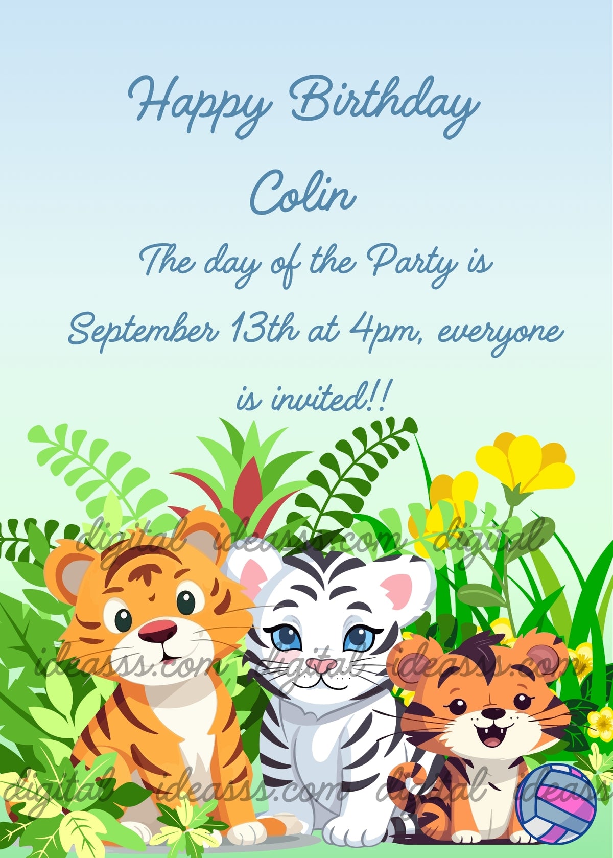 A very surprised orange tiger cub on the left, a white tiger cub with black stripes and blue eyes at the center, and a cheerful brown tiger cub playing with a colorful ball on the right — three tiger siblings surrounded by tropical leaves and yellow flowers on a light blue background — jungle birthday card for kids aged 1 to 9