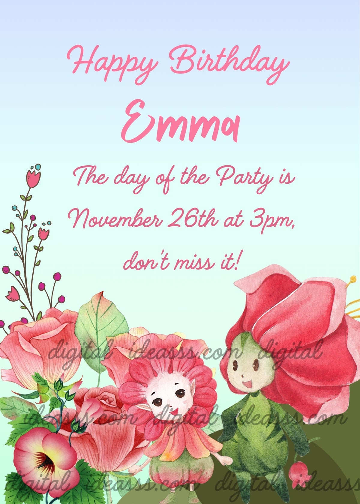 Sweet elf with white face and pointed ears peeking from a pink rose, flower sprite in profile with pink petal hat and green leafy body, large wild roses with green leaves, delicate branch with pink rosebuds and purple berries, soft aqua mint gradient background — birthday card for girls aged 6 to 12