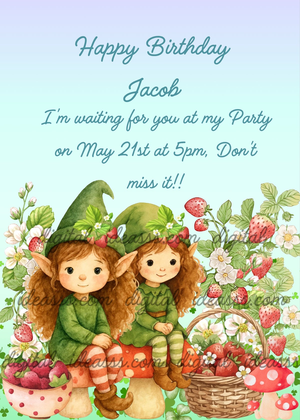 Two elf girls with curly red hair and green pointed hats sitting on red mushrooms, wild strawberry plants with white flowers, wicker basket and bowl of red strawberries, small clovers on a soft blue lavender gradient background — birthday card for children aged 7 to 12