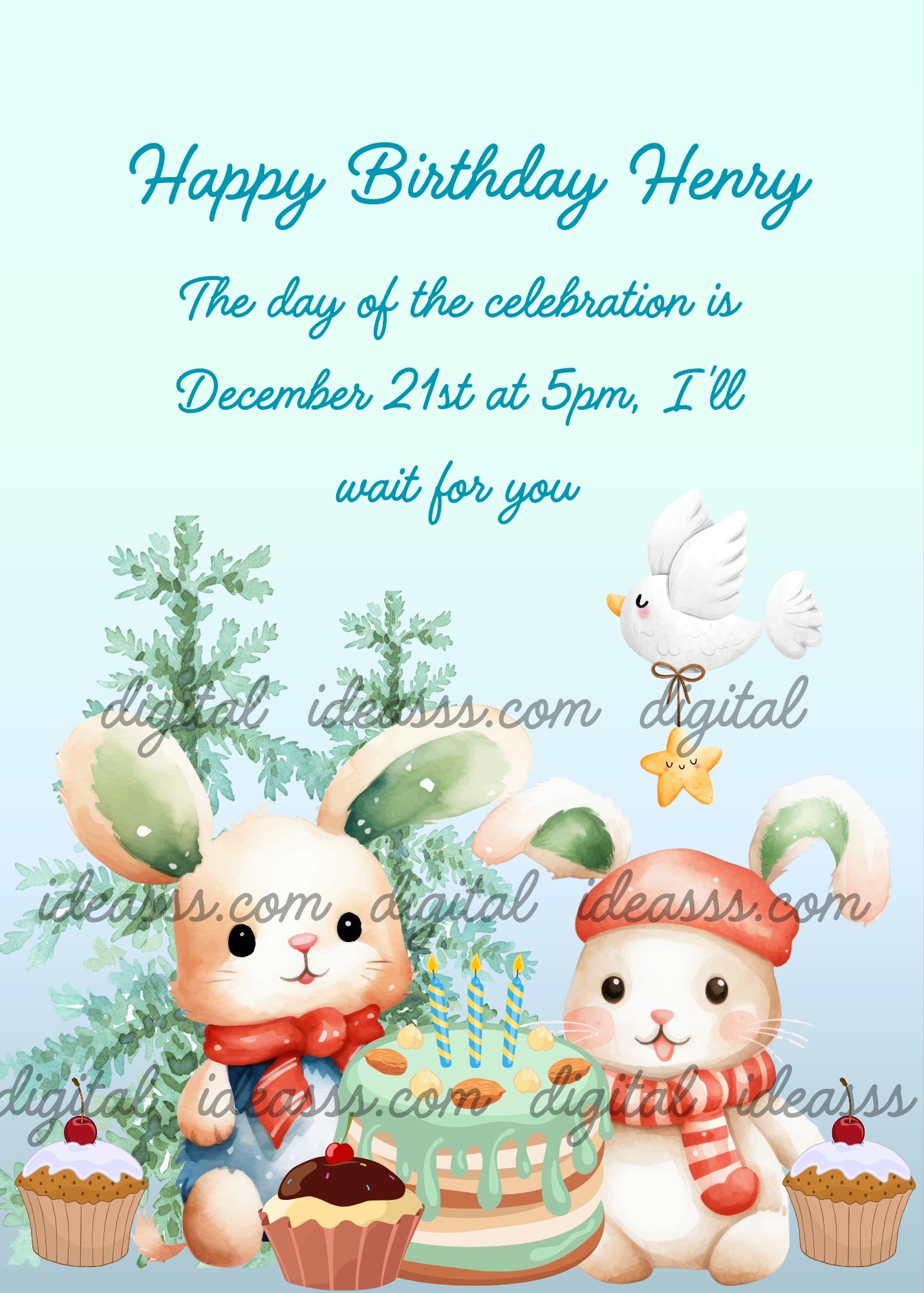 Two cute bunnies with red scarves next to a birthday cake and cupcakes, a white bird holding a star, pine trees on a light blue background — birthday card for kids 1-9