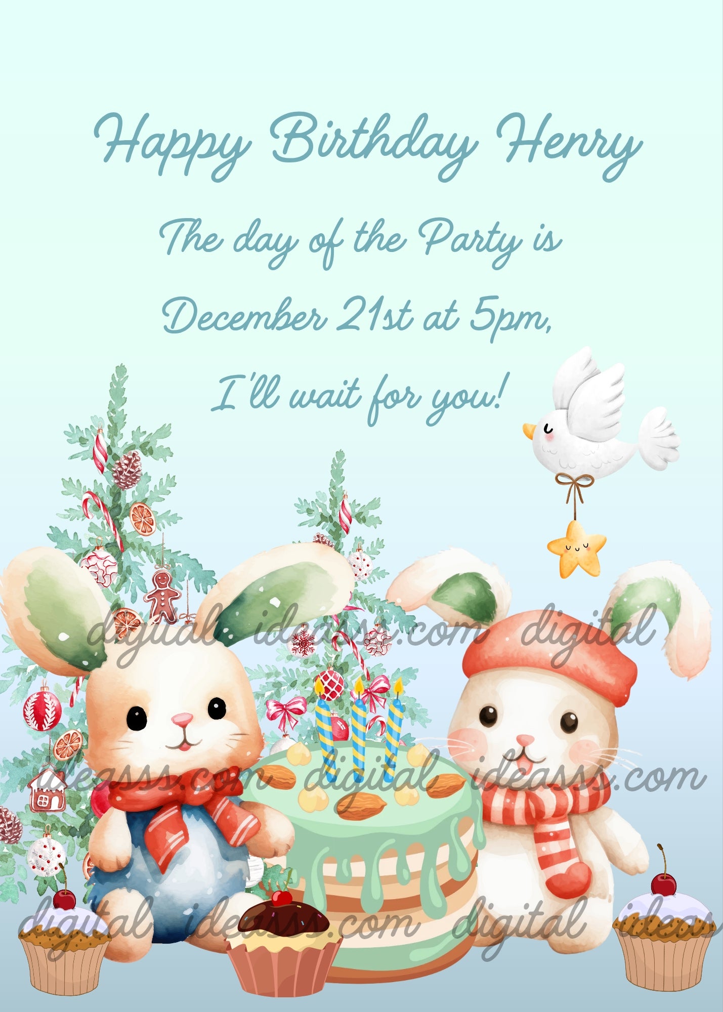 Two cute bunnies with red scarves celebrating with a birthday cake and cupcakes next to a decorated Christmas tree, white dove with star, light blue background — printable Christmas birthday card for children aged 1 to 9