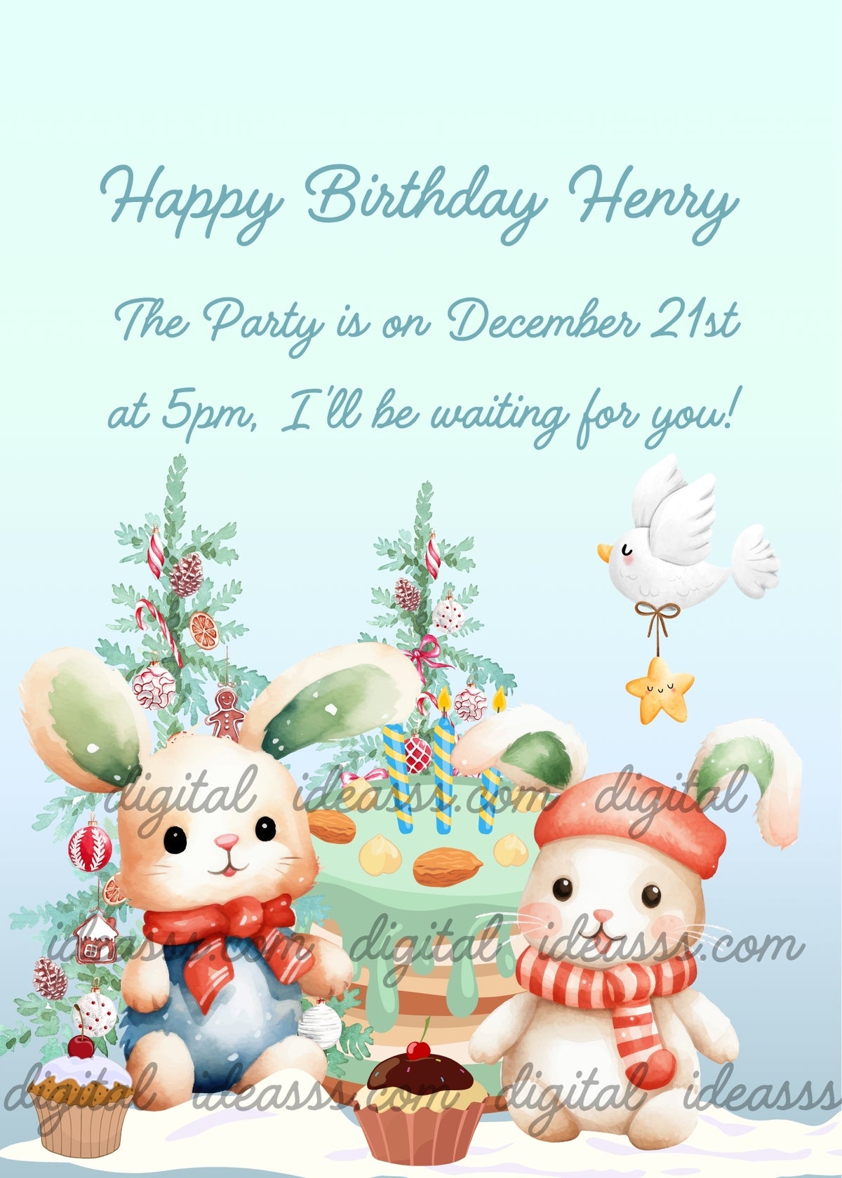 Two cute bunnies wearing red scarves celebrating with a birthday cake and cupcakes beside a decorated Christmas tree, with a white dove holding a star, on snow-covered ground against a light blue background - printable birthday card for children aged 1 to 9