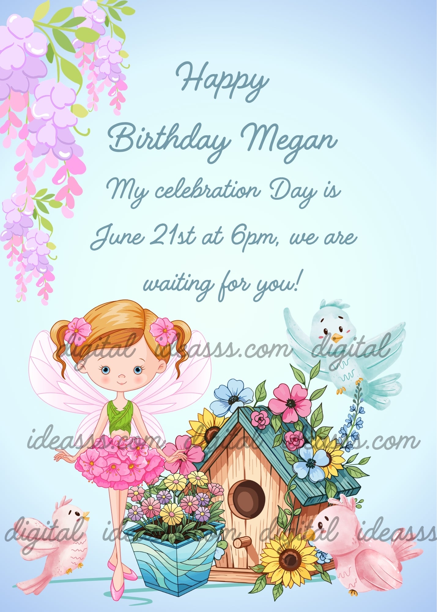 A little fairy with auburn hair in a green top and pink skirt standing next to a flower pot and a birdhouse decorated with flowers, with pink and blue birds and pink wisteria on a soft blue background — birthday card for girls aged 8 to 14