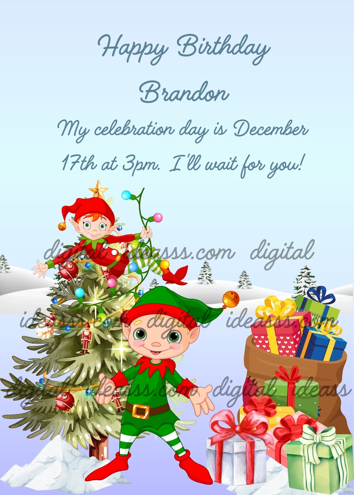 A cheerful green elf dancing in front of a decorated Christmas tree with colorful lights and a gold star and a red elf climbing the tree holding a light next to Santa's sack full of colorful gift boxes on snow with winter pine trees on a soft blue background — printable Christmas birthday card for children ages 6 to 12