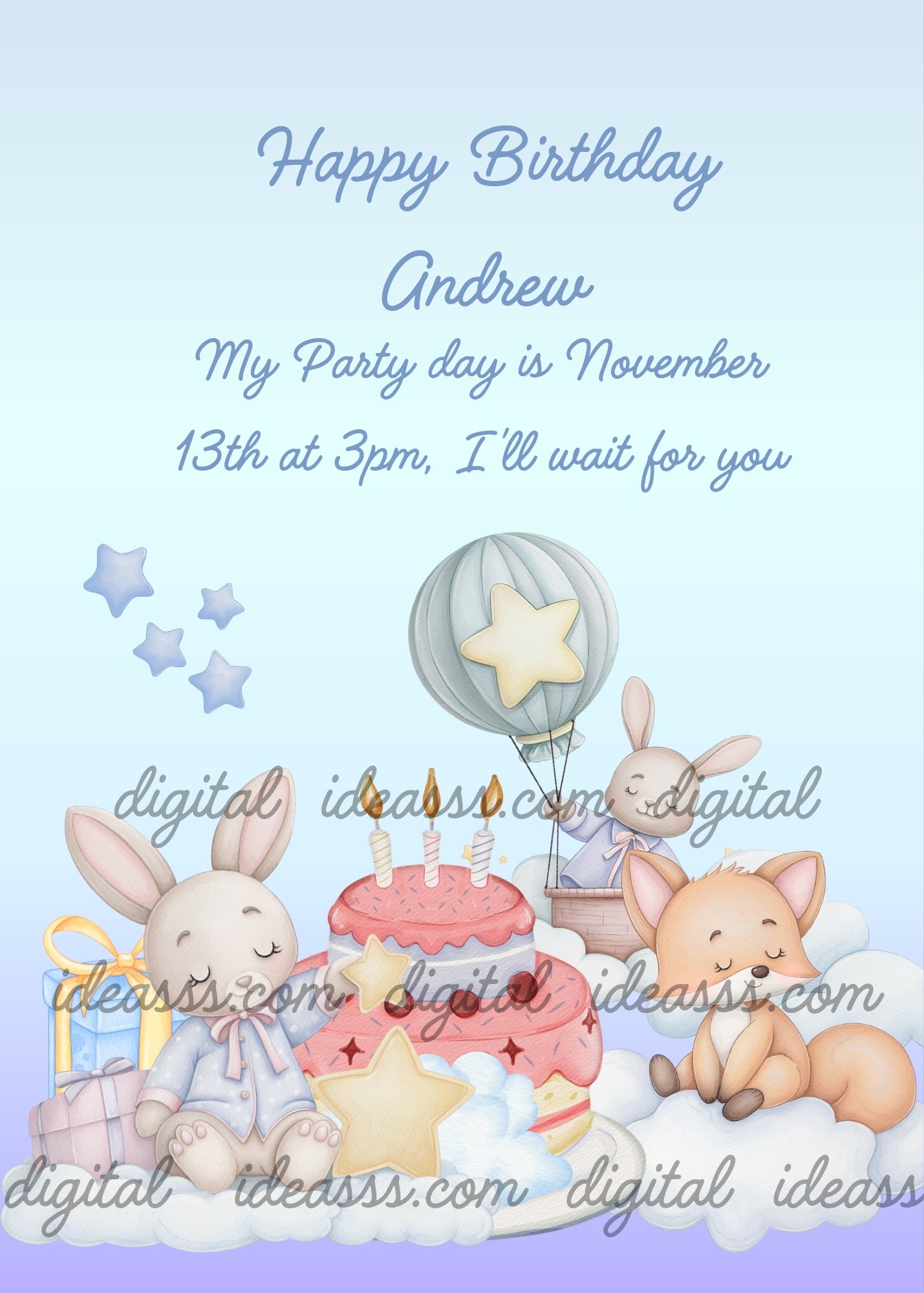 A fox and two bunnies in the clouds, with cake, to celebrate a birthday. Printable birthday card for kids 1-7. Birthday in clouds