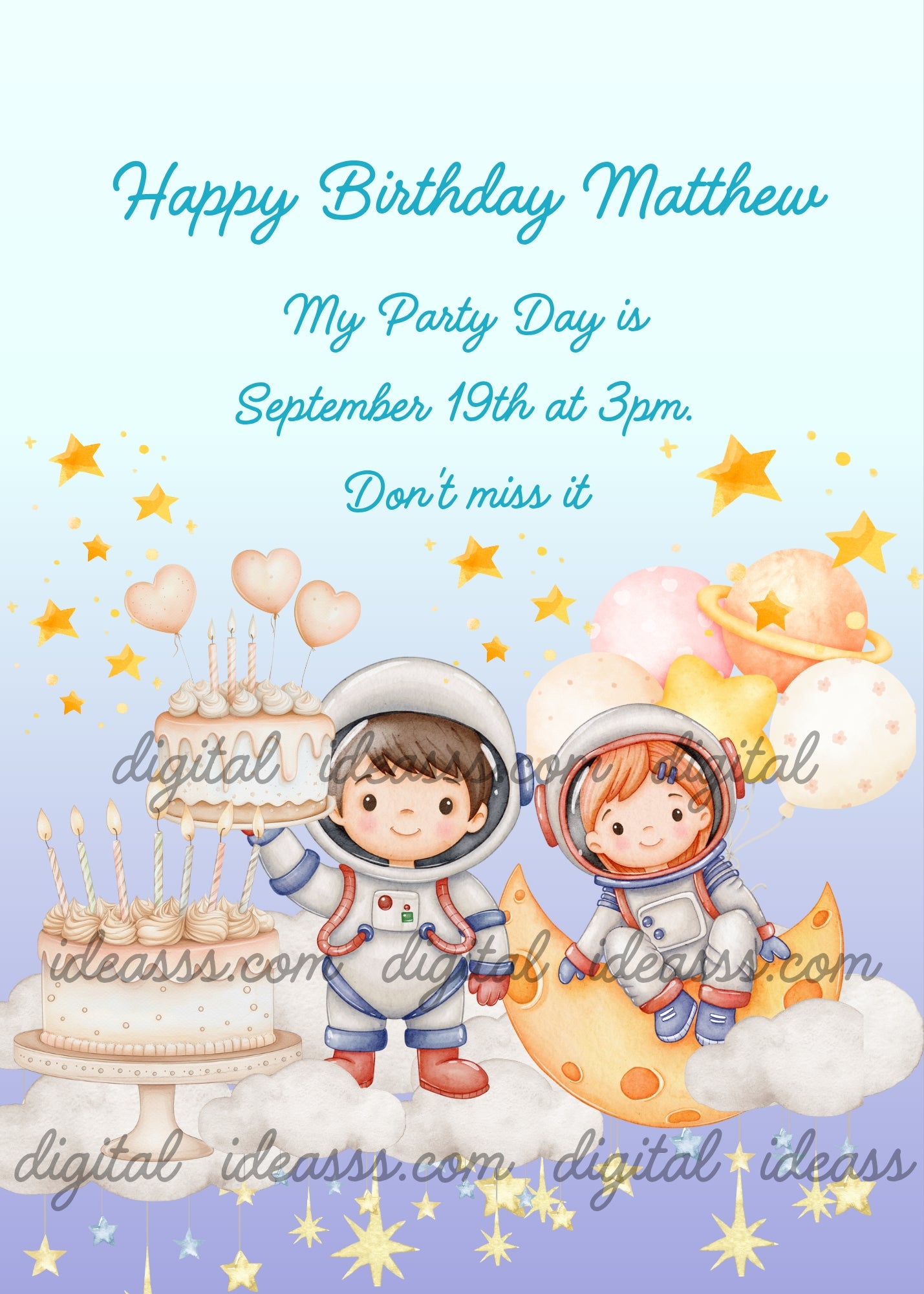 Two cute children dressed as astronauts, between the moon and clouds, with cakes and balloons to celebrate. Printable birthday card for kids 5-12.