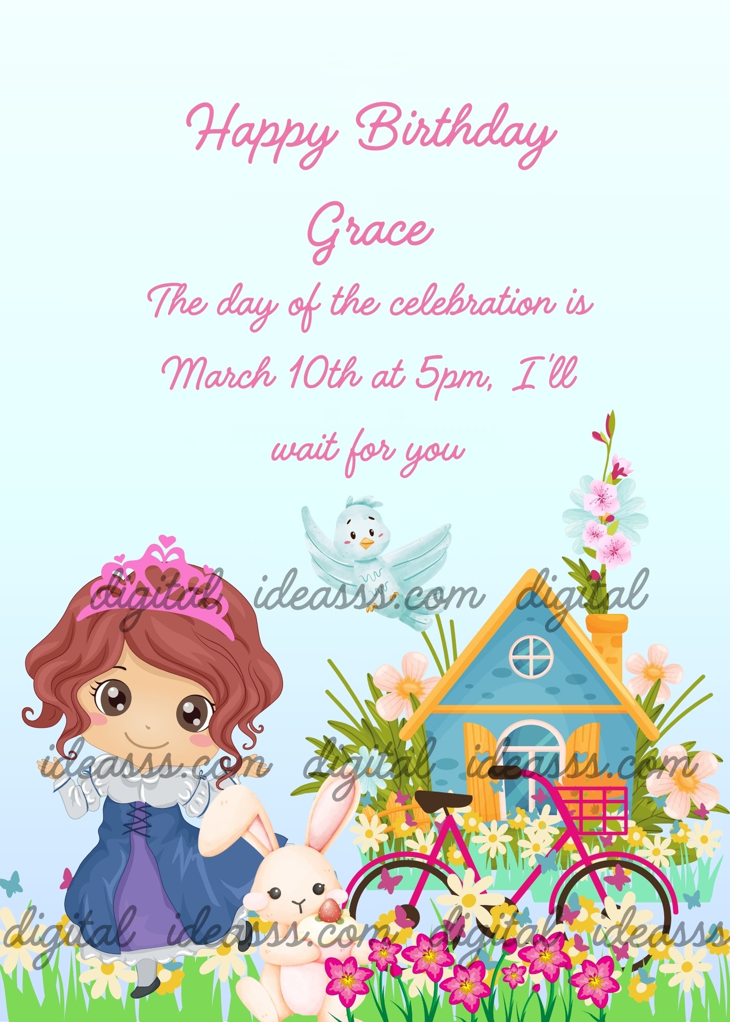 A little princess shows her little blue house decorated with flowers. In the garden, her bicycle and her bunny friend. Printable birthday card for girls 1-9.