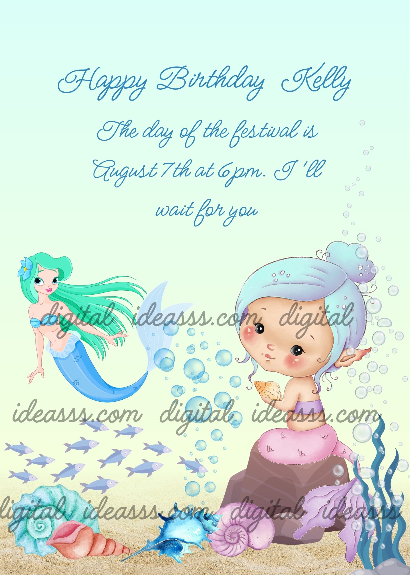 Two blue haired mermaids. One sits on a rock on the seabed with shells, the other swims. Printable birthday card for girls
6-12.