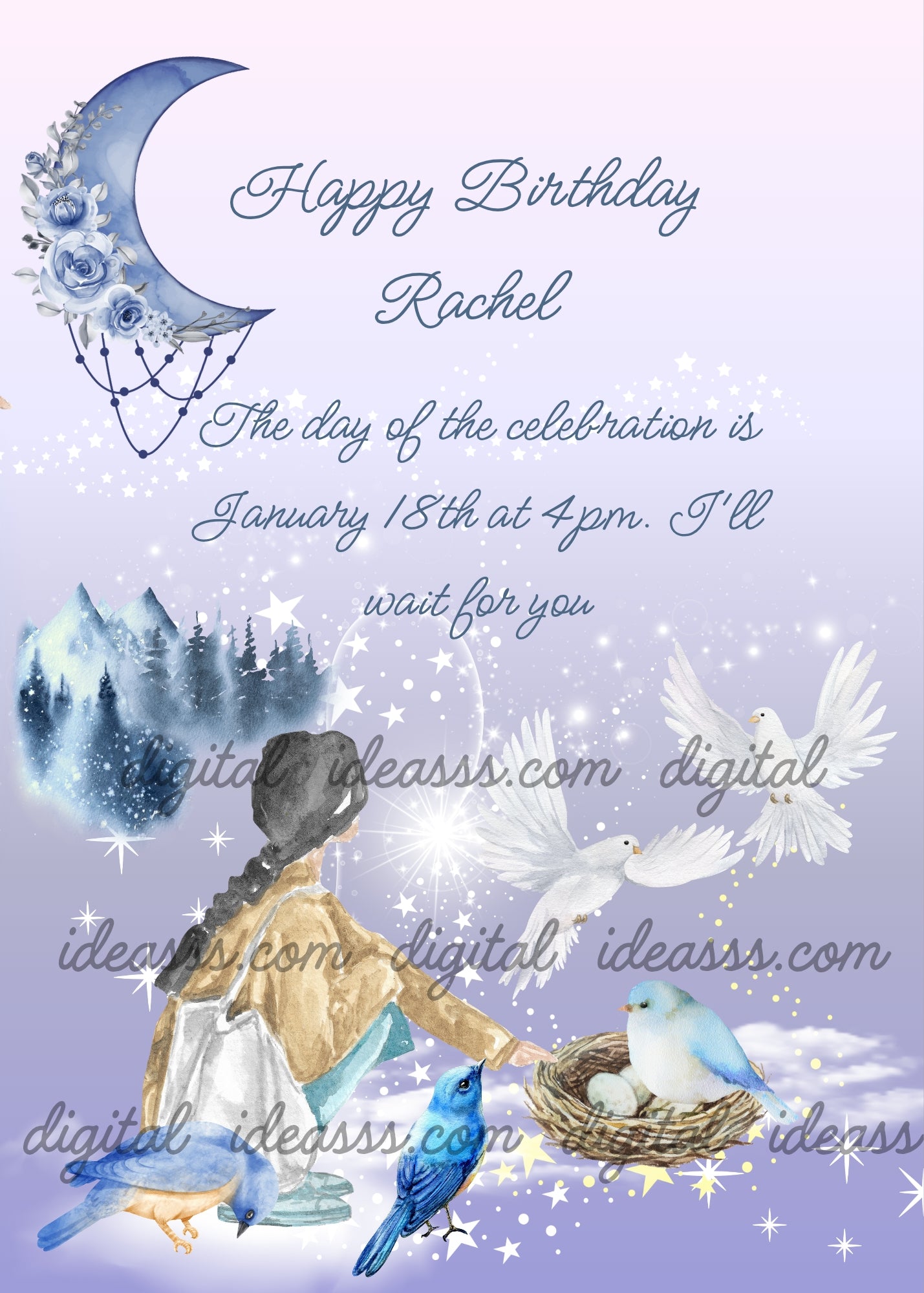 Snowy mountain landscape. Girl with blue birds, and doves. Moon with flowers in the sky. Printable birthday card for girls 10-14.