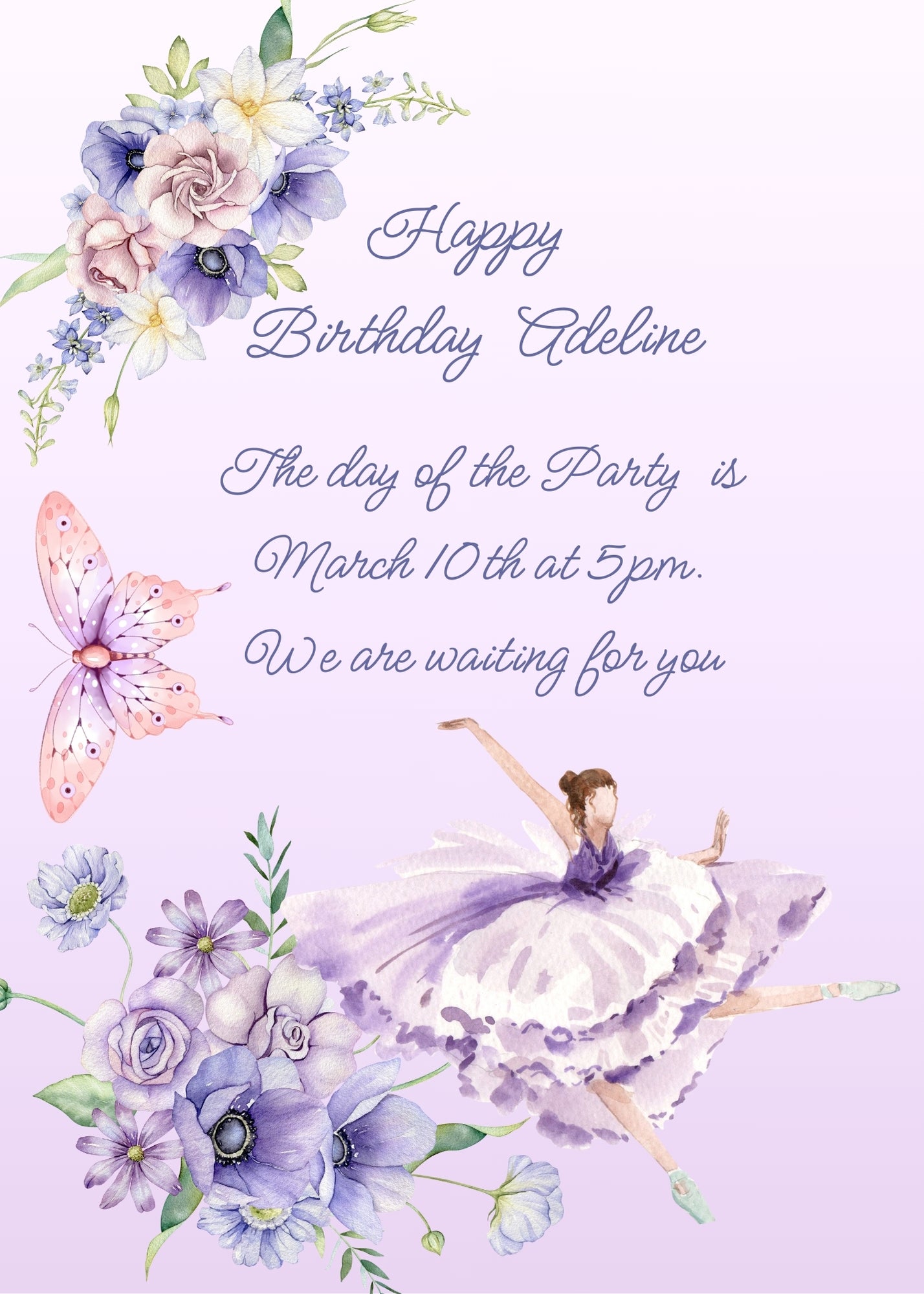 Left side with frame of flowers and butterfly; bottom light purple ballerina. Printable birthday card for girls 10-14.