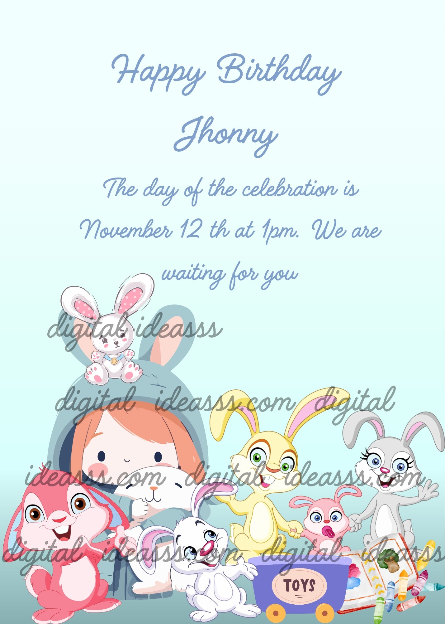 A little girls has a hood with bunny ears. Around her are funny colored bunnies. Printable birthday card for kids 1-9.