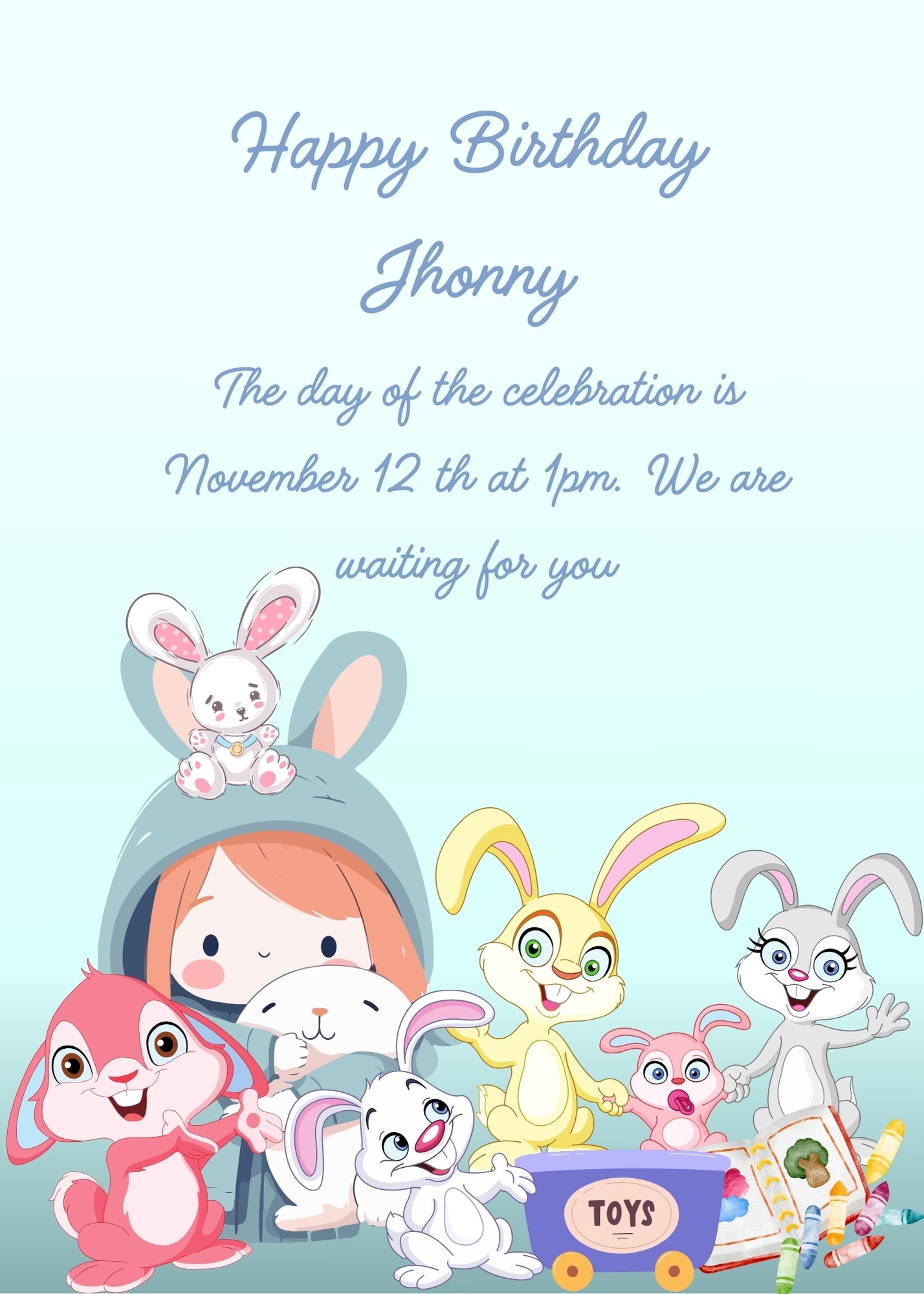 A little girls has a hood with bunny ears. Around her are funny colored bunnies. Printable birthday card for kids 1-9.