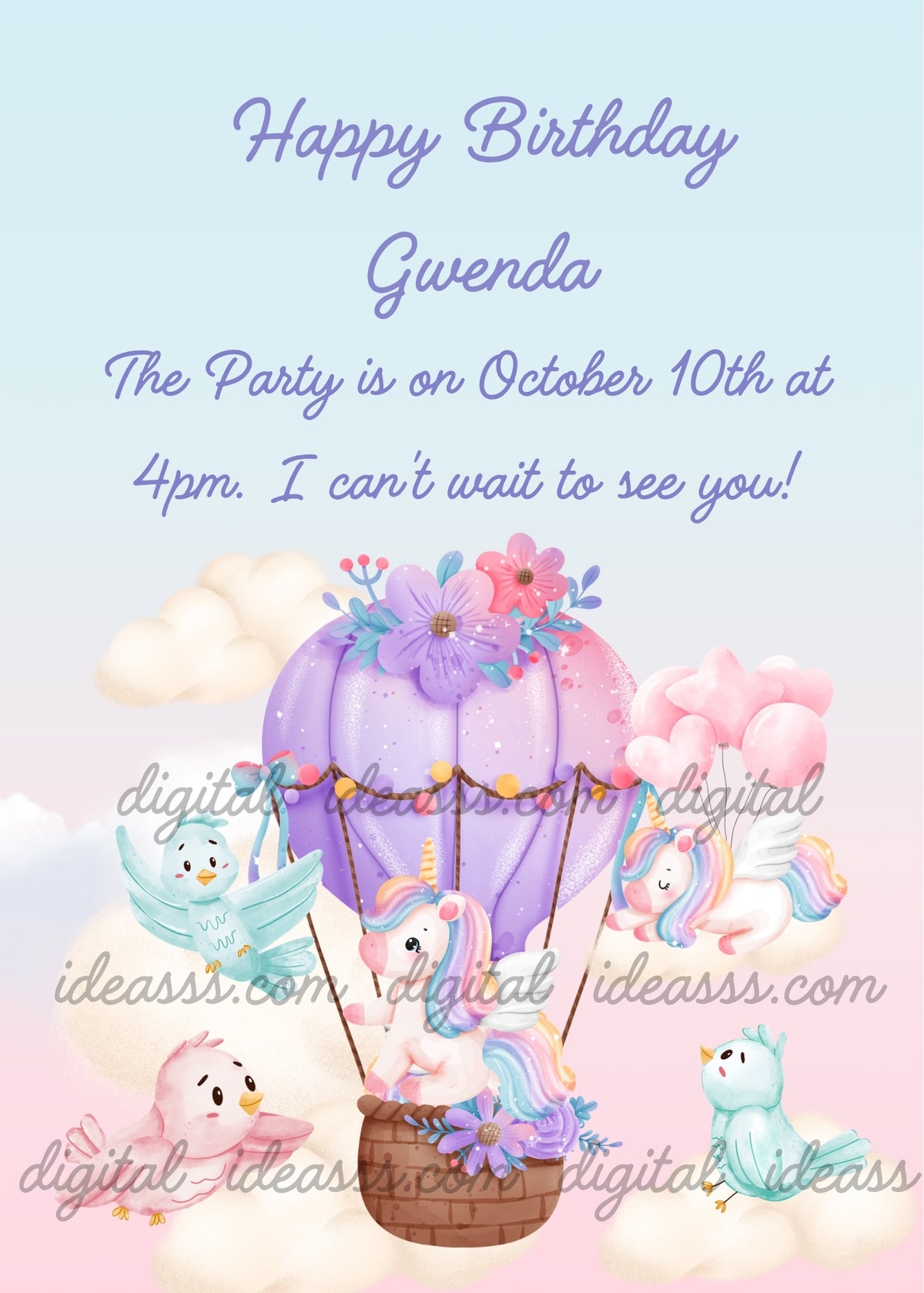 Winged unicorn with a pastel rainbow mane riding in a flower-decorated pink and lilac hot air balloon, beside another winged unicorn with pink balloons and three pastel birds among soft clouds - printable birthday card for children aged 1 to 8
