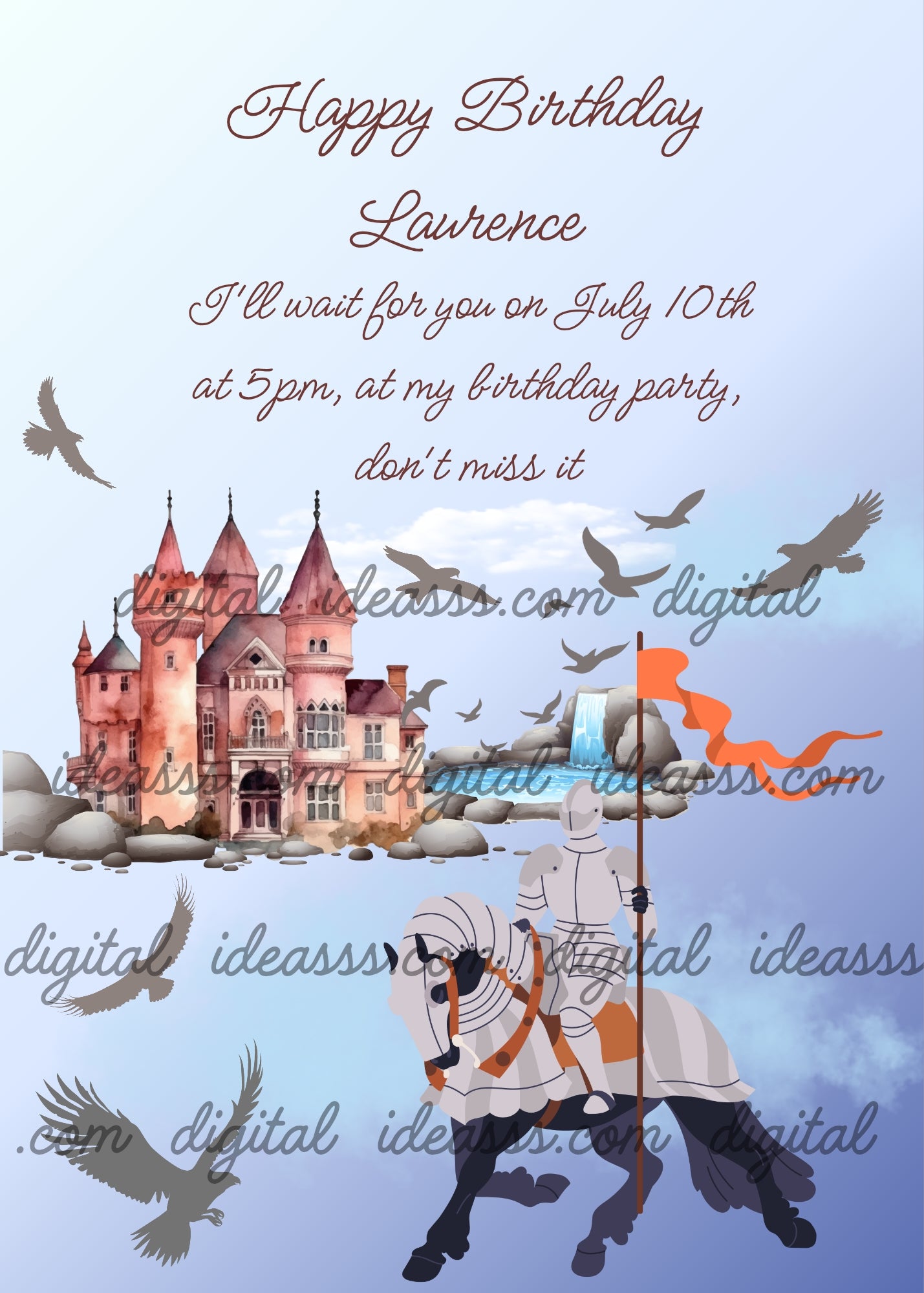 In the foreground a knight on horseback, in the background a castle and falcons in flight. Printable birthday card for boys
9-14.