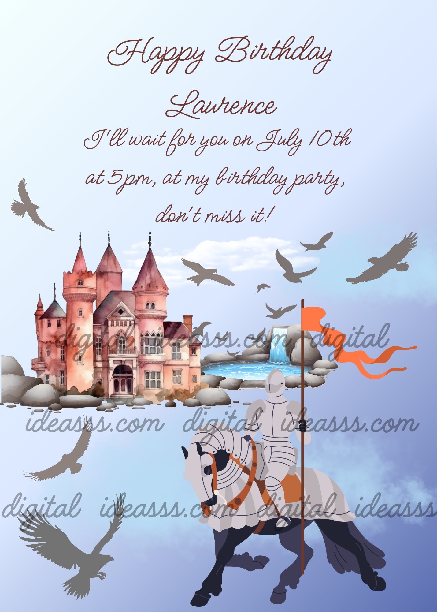 In the foreground a knight on horseback, in the background a castle and falcons in flight. Printable birthday card for boys
9-14.