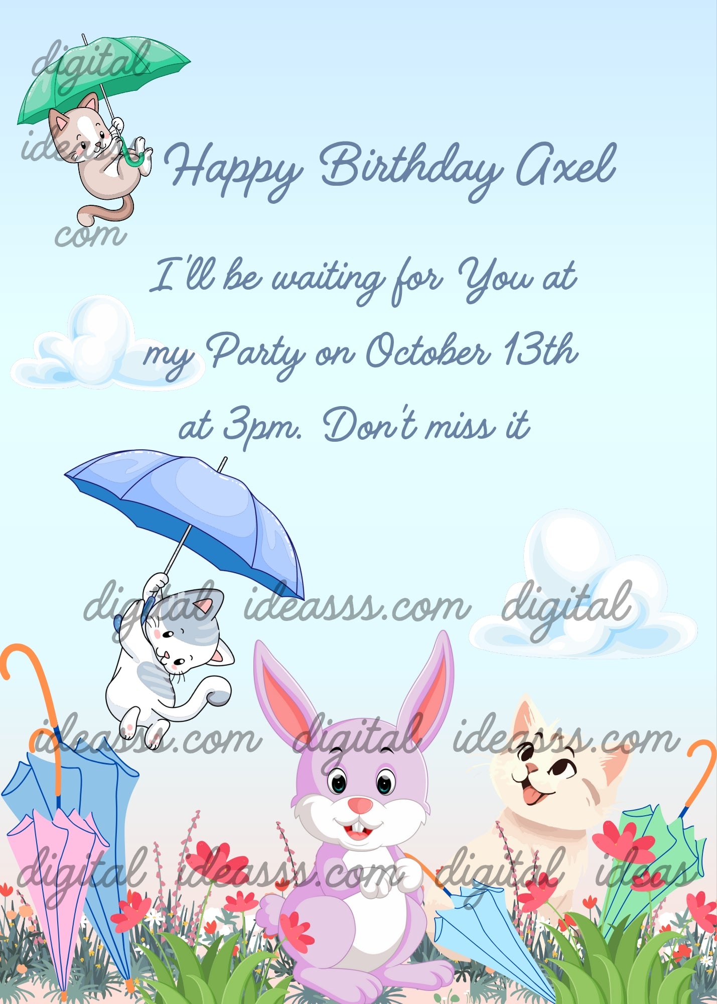 A funny bunny, is involved in the games of cats, flying with umbrellas. Printable birthday card for kids 1-12.