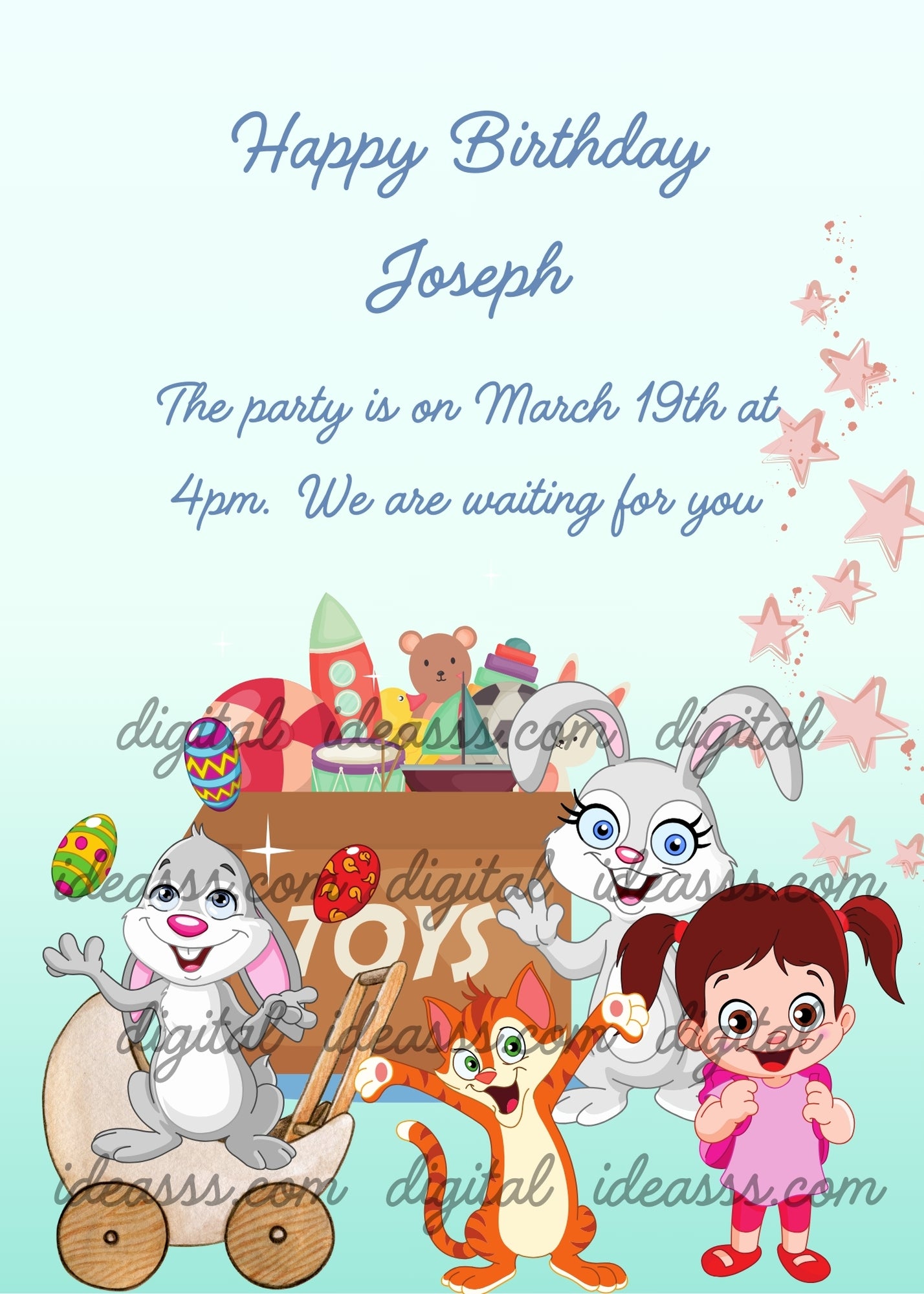 These toys are all animated by joy, a little girls laughs with them. In the background a box full of games. Printable birthday card for kids 5-12.