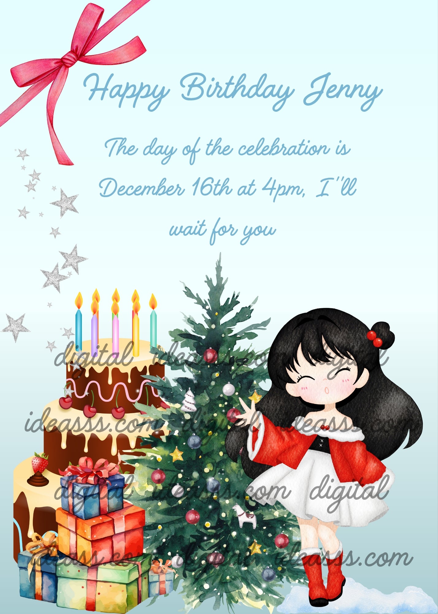 Cute little girl in red Christmas dress, with gift packages, Christmas tree and chocolate cake, next to her. In the corner of the file, a red bow. Printable Christmas brtihday card for girls 6-14.