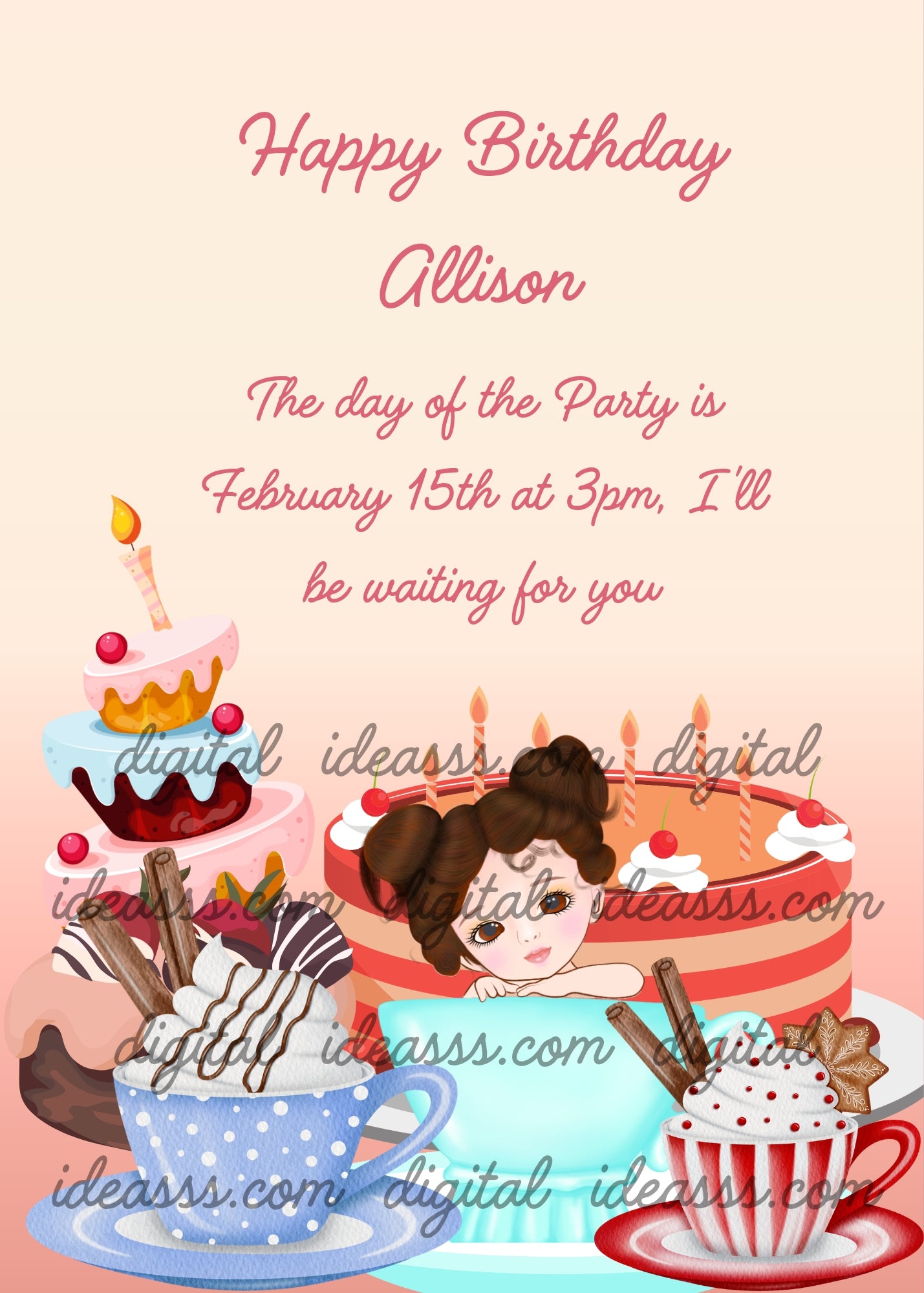 Cute little girl inside a cup, among cakes and other special sweets. Printable birthday card for girls 6-14.