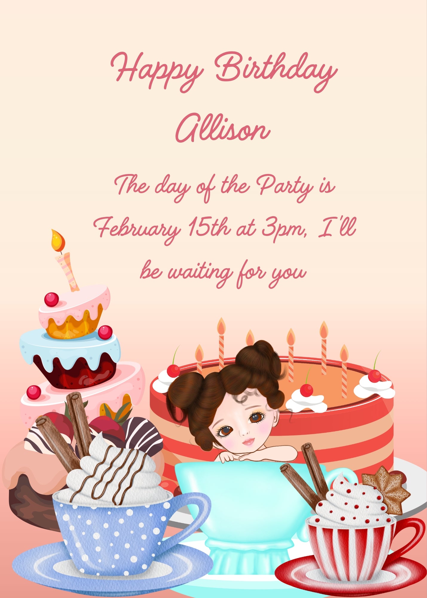 Cute little girl inside a cup, among cakes and other special sweets. Printable birthday card for girls 6-14.