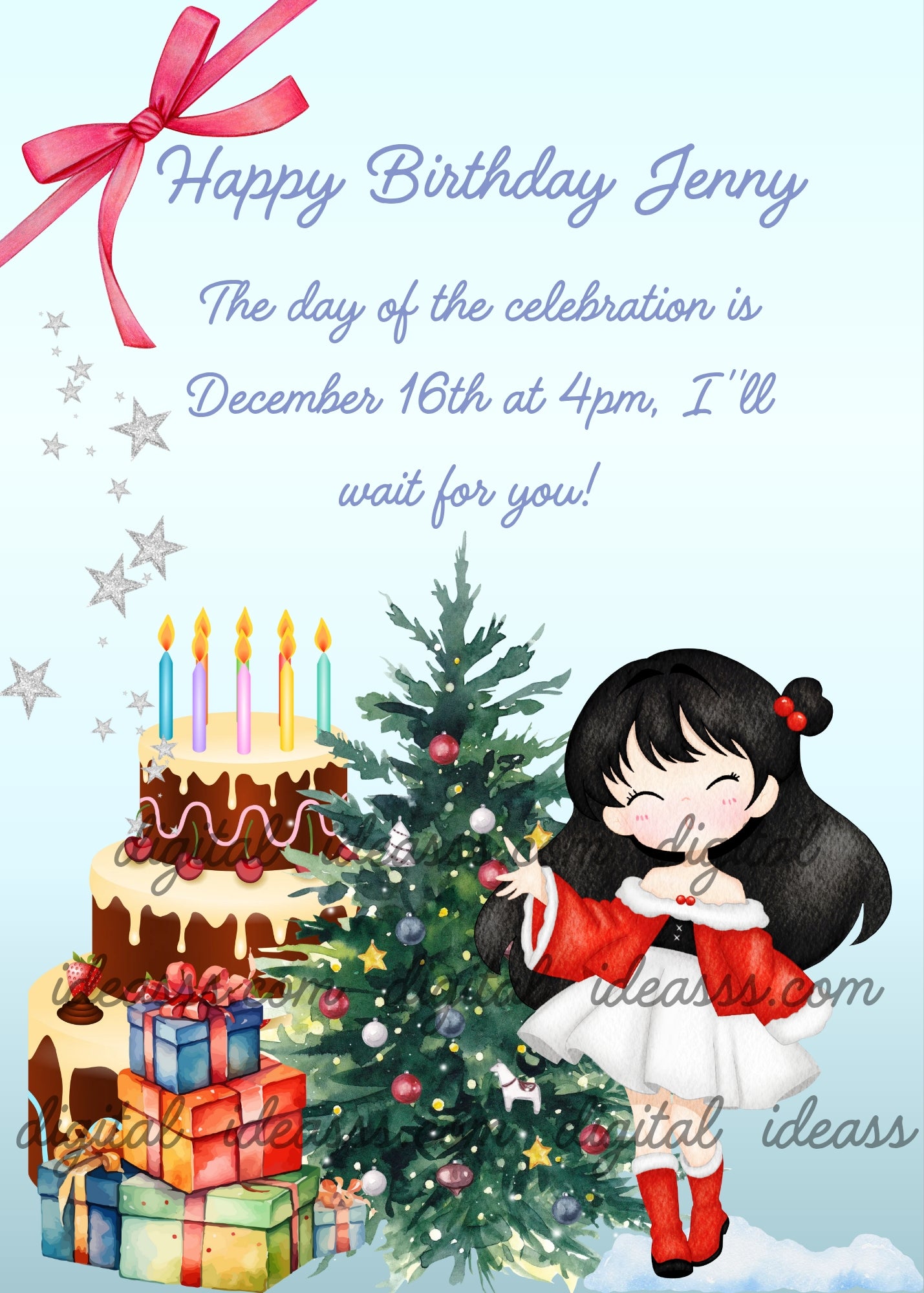 Cute little girl in red Christmas dress, with gift packages, Christmas tree and chocolate cake, next to her. In the corner of the file, a red bow. Printable Christmas birthday card for girls 6-14.