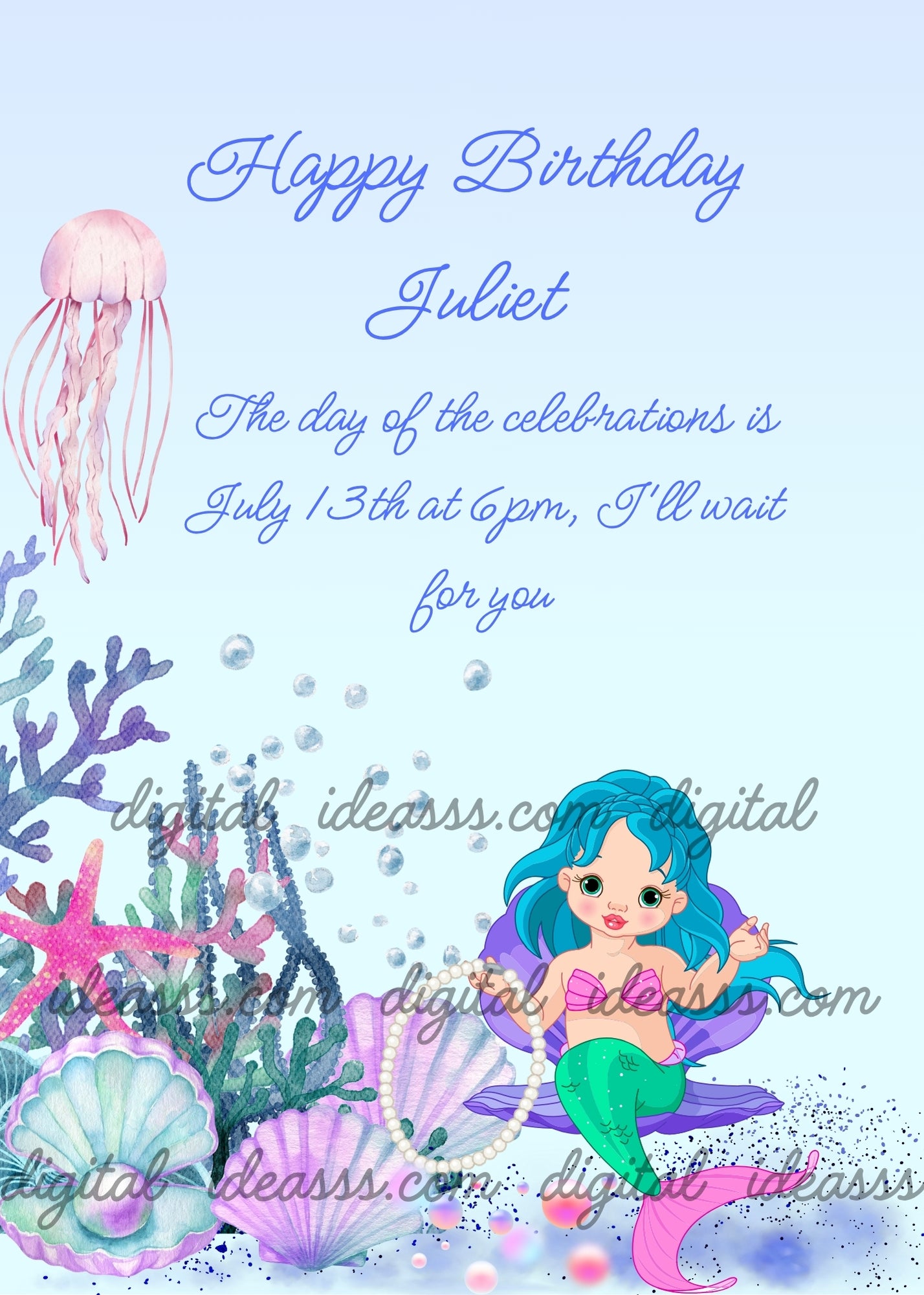 A mermaid with blue hair sits on a shell wearing a pearl necklace. Surrounded by shells, corals, and colorful pearls. Printable birthday card for girls 7-12.
